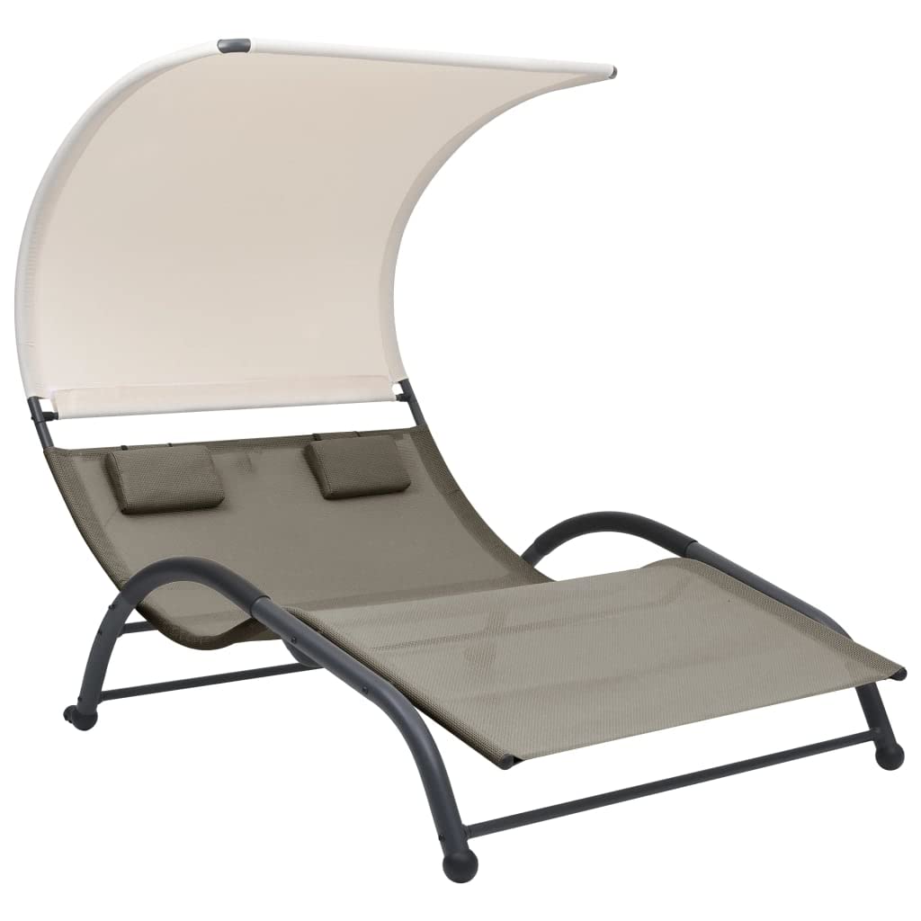 WELLIKEA Double Sun Lounger with Canopy - Textilene Fabric, Taupe Color - Perfect for Poolside, Beach, Patio & Outdoor Relaxation
