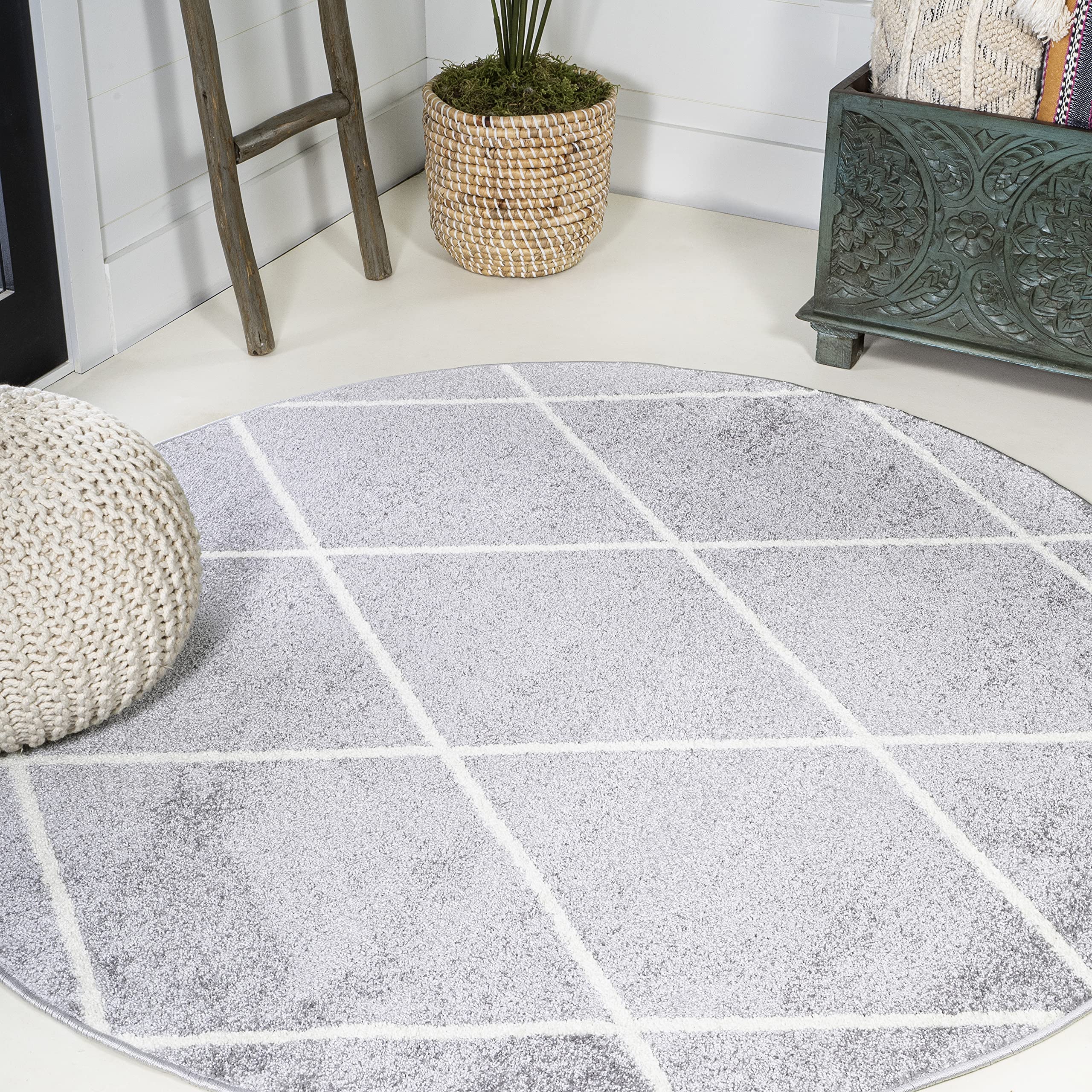 JONATHAN Y SEU102G-5R Modern Minimalist Diamond Trellis Indoor Area Rug - 5' Round Light Gray/White Non-Shedding Easy Clean - Perfect for Bedroom, Living Room & Kitchen Decor