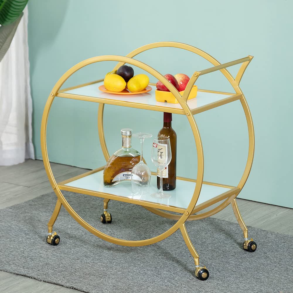 Modern Gold Bar Cart with 2 White Mirrored Shelves - Metal Serving Cart with Locking Wheels & Handle for Home, Kitchen, Living Room - Perfect for Cocktail Parties, Home Bars & Entertaining (28.34