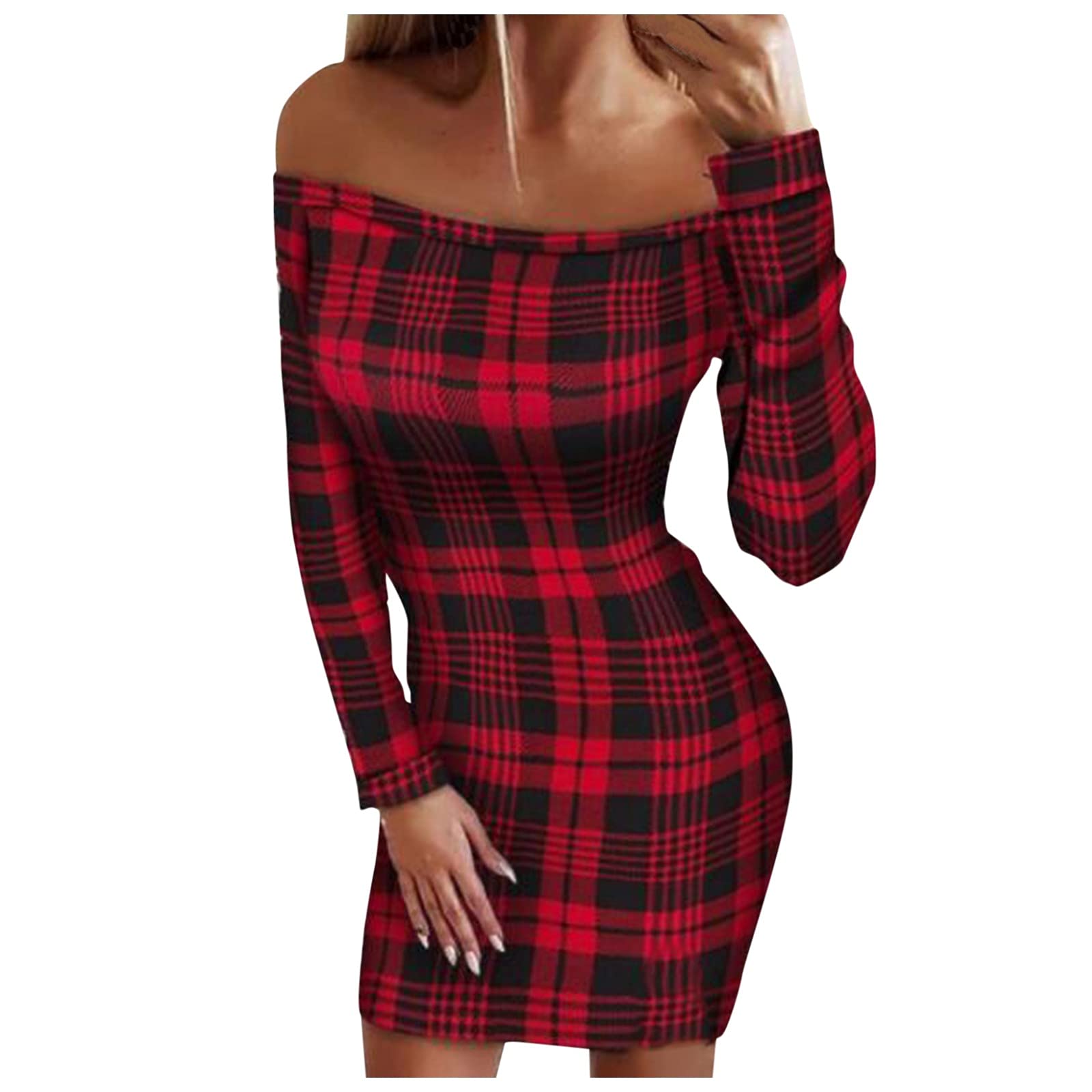 Aniywn Women's Plaid Long Sleeve Off Shoulder Dress - Sexy Casual Pencil Midi Dress for Cocktail Party, Christmas, Date Night & Office Wear