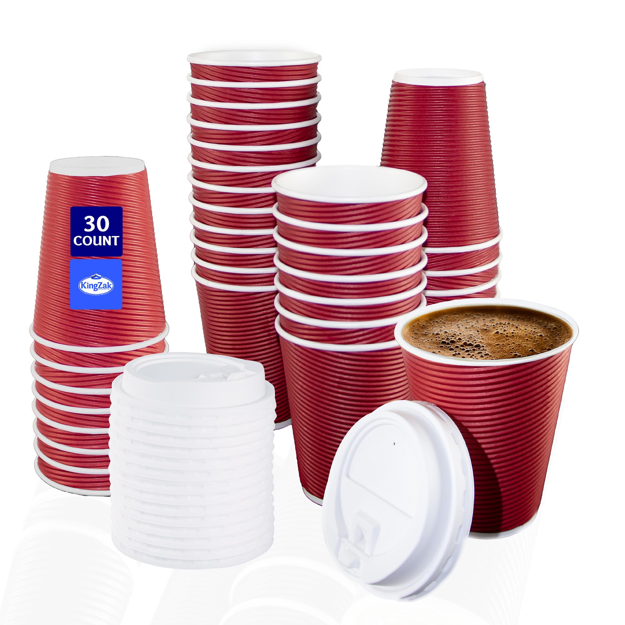 Nicole Home Collection 12 oz Double-Walled Insulated Ripple Paper Coffee Cups with Lids - Pack of 30, Maroon - Hot Beverage Travel Mug for Office, Picnics & Parties