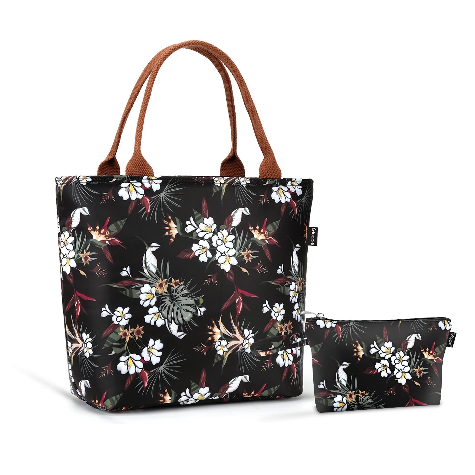Gloppie Large Insulated Lunch Bag for Women - Reusable Thermal Tote for Work, School & Picnics - White Floral Design - Perfect for Meal Prep & Makeup Storage