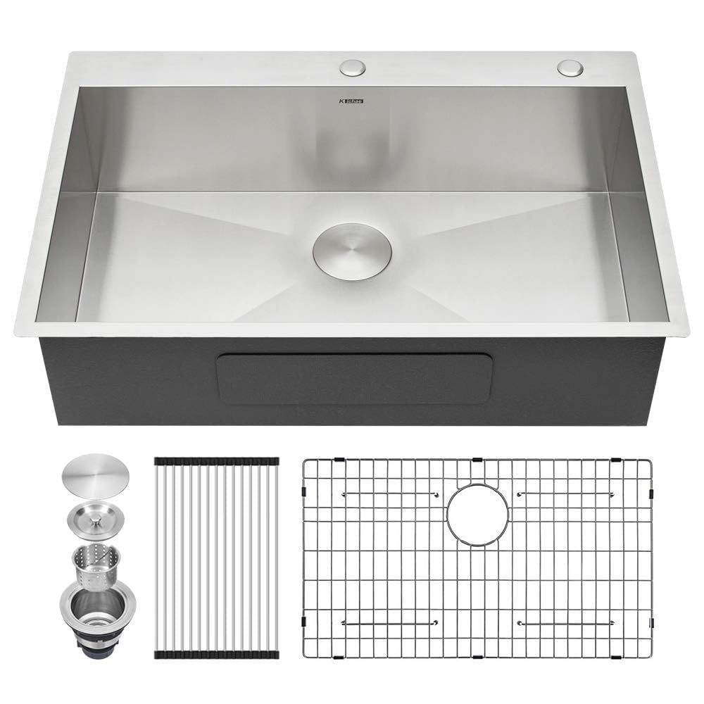 Kichae 33-Inch Drop-In Kitchen Sink - 33x22 Topmount Single Bowl 16-Gauge Stainless Steel Sink with Rack & Grid, Round Corner Basin - Perfect for Modern Kitchens & Restaurant Prep Stations