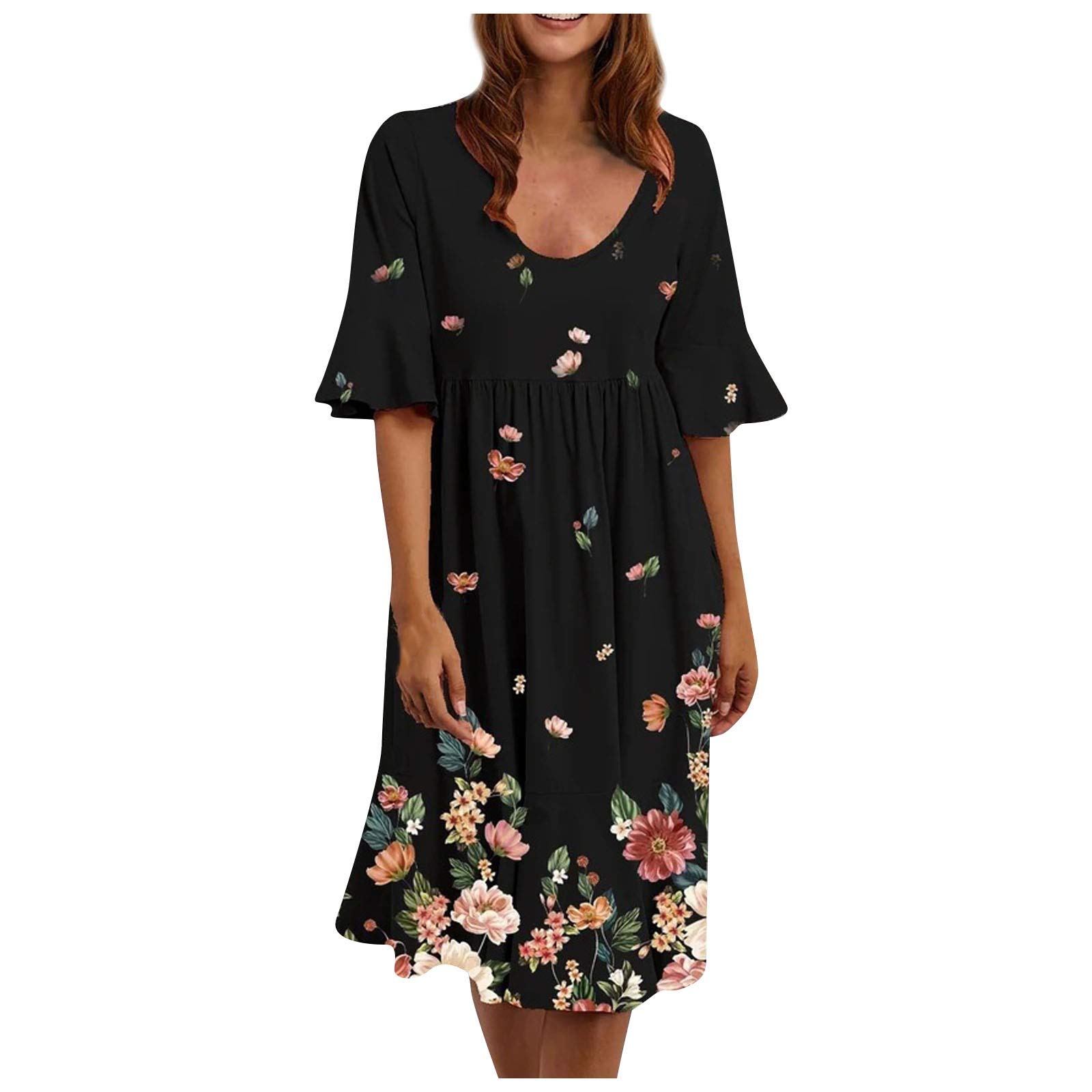 iQKA Women's Summer Floral Print Short Sleeve A-Line Swing Dress - Casual Scoop Neck Shirt Dress for Beach, Vacation & Daily Wear