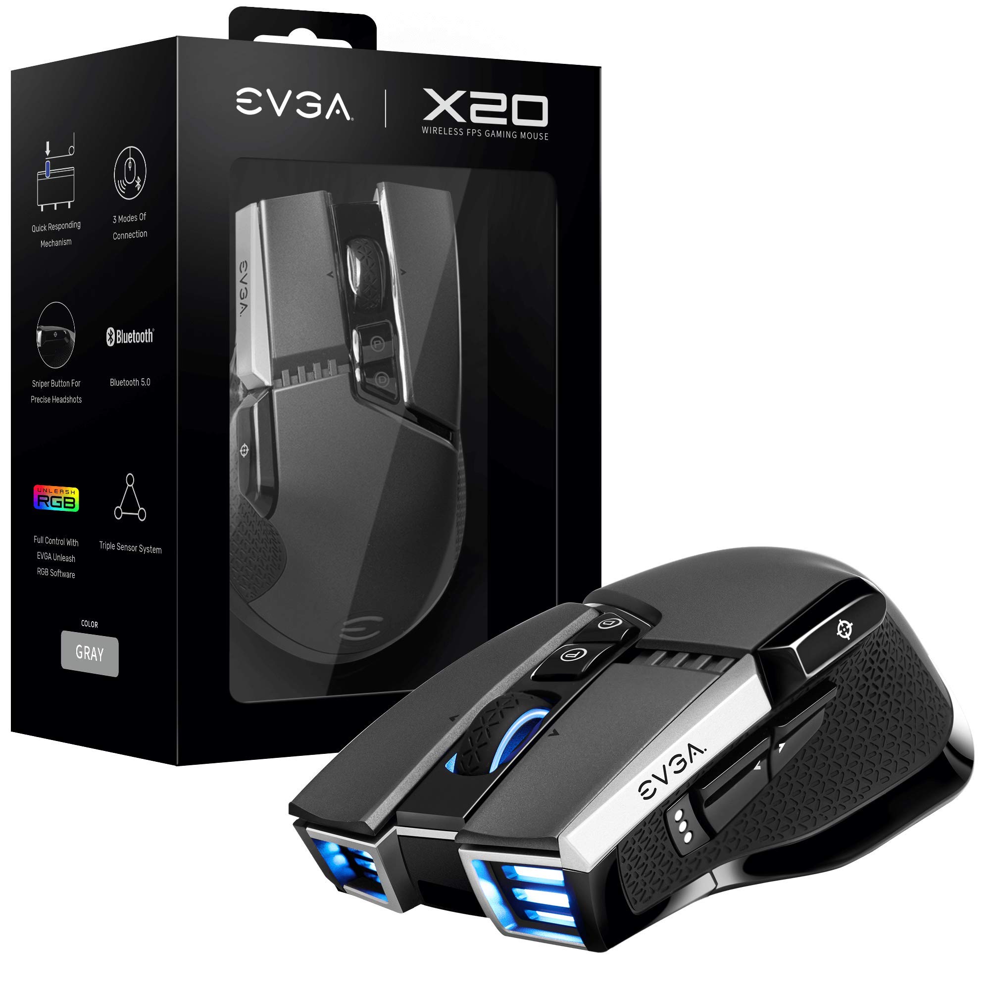 EVGA X20 Wireless Gaming Mouse - 16,000 DPI, 5 Profiles, 10 Buttons, Ergonomic Design, Customizable RGB Lighting (Gray) - Perfect for FPS, MOBA & MMO Games, Office Work & Home Use