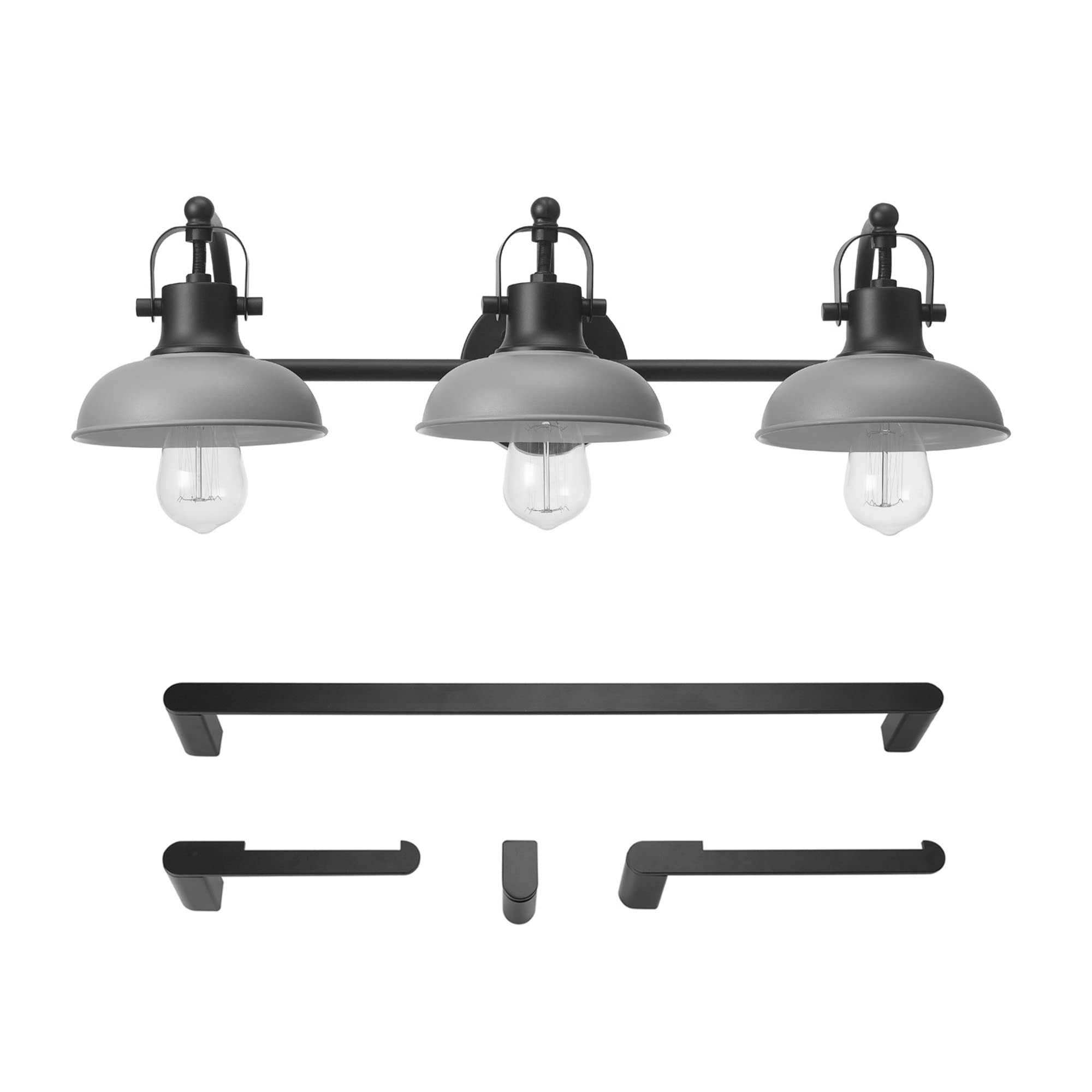 Globe Electric 52065 Gladstone 5-Piece Bathroom Hardware Set - Matte Black Vanity Light with Gray Metal Shades, Towel Bar, Ring, Robe Hook & Toilet Paper Holder | Modern Bathroom Decor for Home Renovation & Spa-Style Upgrade