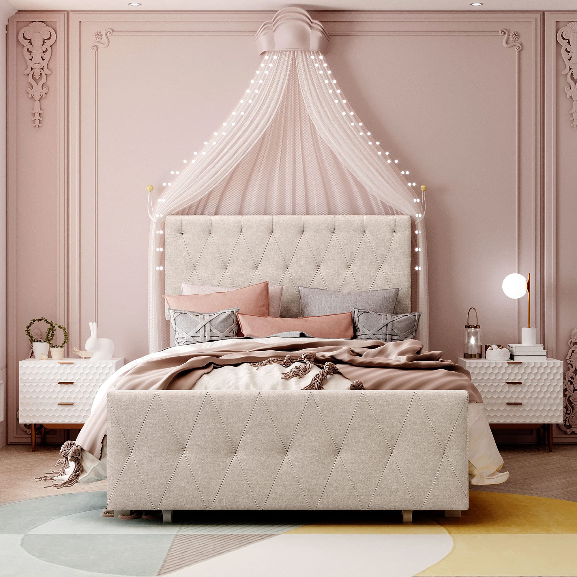 Twin Size Metal Bed Frame with Upholstered Headboard & Storage Drawers - No Box Spring Needed | Modern Platform Bed for Small Spaces, Guest Rooms & Dormitories (Beige)
