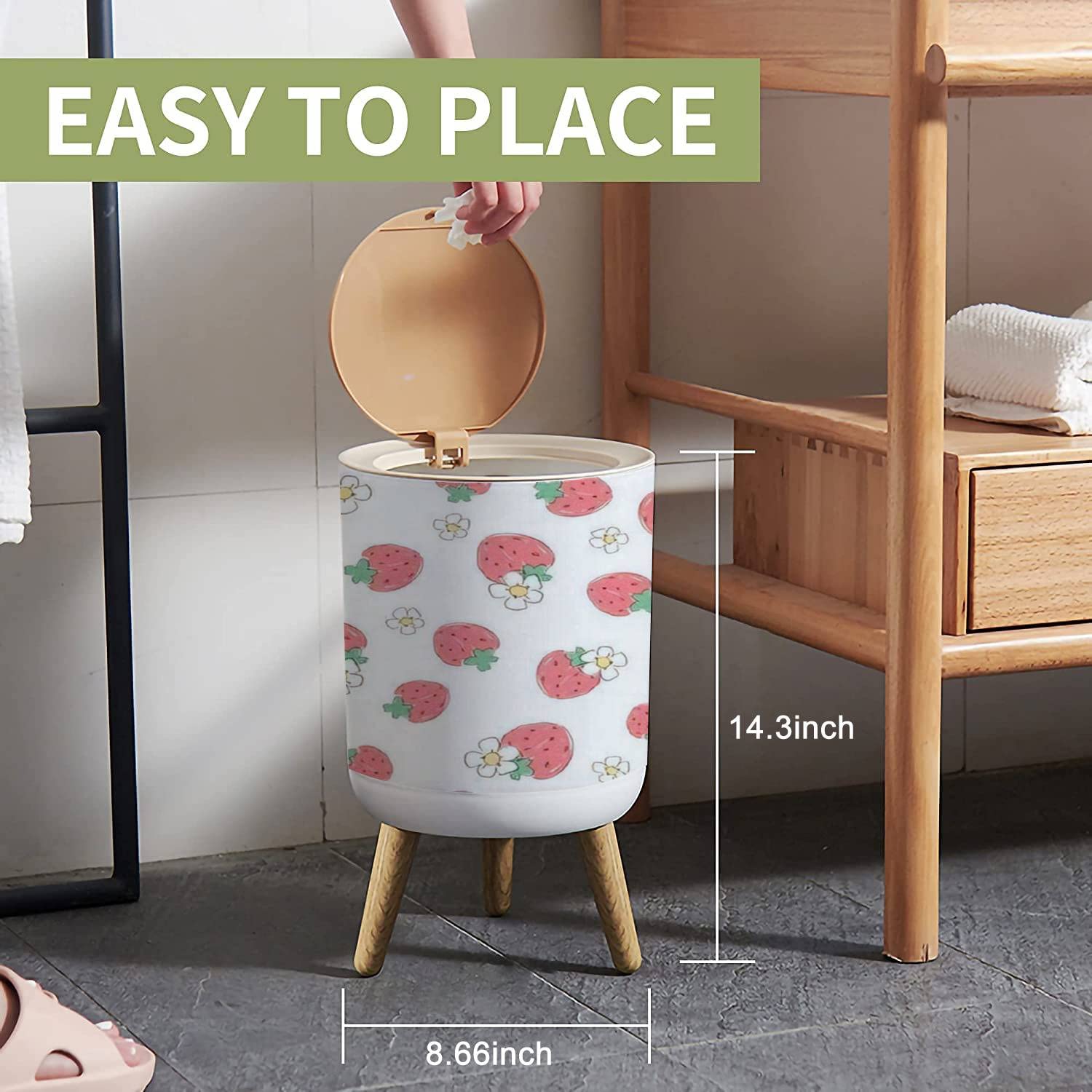 Strawberry Print Small Trash Can with Lid - 7L/1.8 Gallon Seamless Fruit Design Waste Bin with Wood Legs & Press Cover - Perfect for Kitchen, Bathroom, Office & Dorm Room Decor