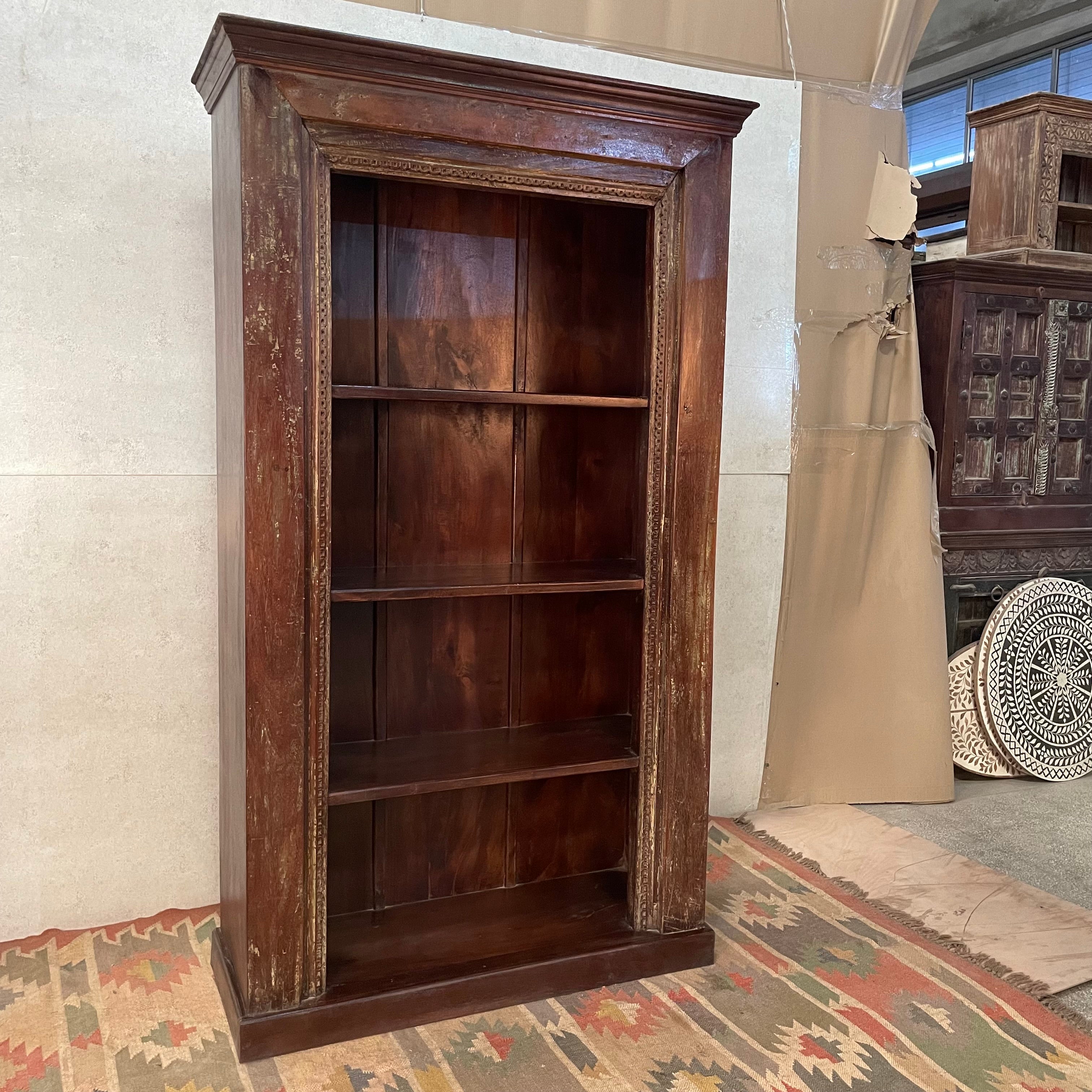 Handcrafted Indian Solid Hardwood Bookshelf - Dark Brown Carved Wooden Bookcase 108x46x205cm - Perfect for Living Room, Study & Office Storage