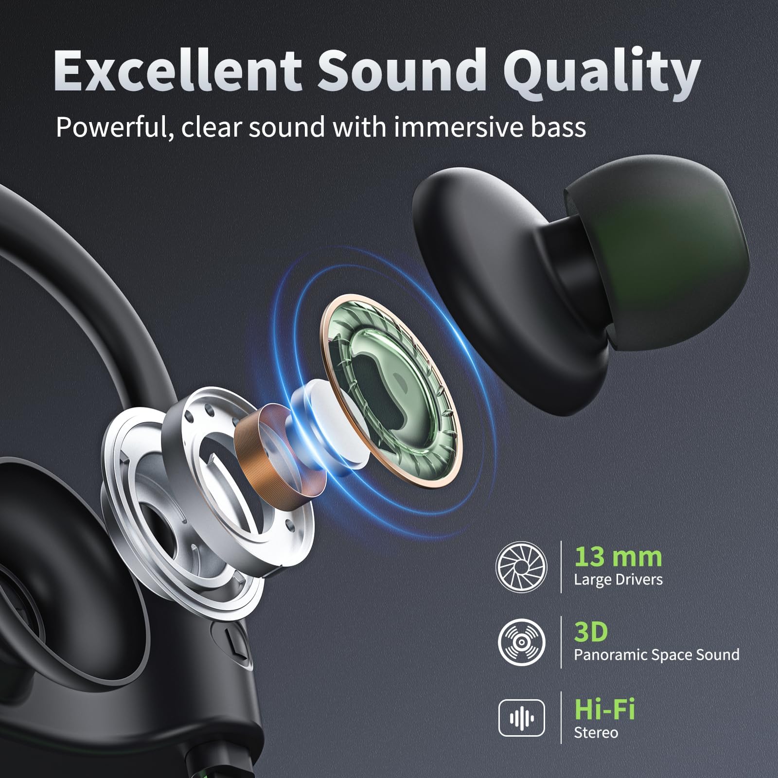 NUASI Bluetooth 5.3 Wireless Headphones - HD Stereo Sound, Deep Bass, IPX7 Waterproof Earphones for Running, Gym, Workout & Sports | Noise Isolation | Long Battery Life | Perfect for Commuting, Travel & Outdoor Activities (Green)