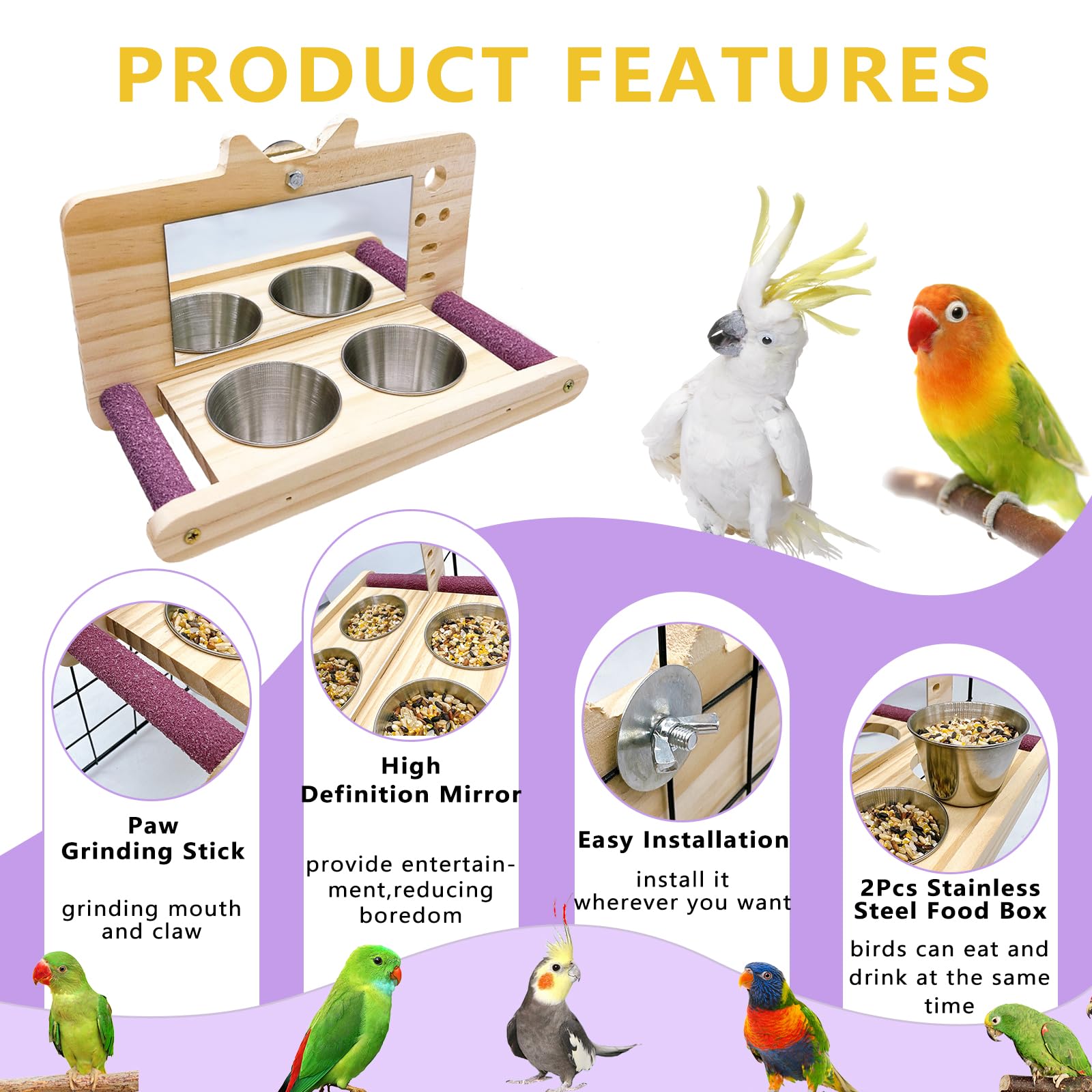 Wooden Parrot Perch with Mirror & Feeding Cups - Bird Cage Swing Toy for Lovebirds, Parakeets, Conures, Cockatiels - Fun Play & Exercise for Pet Birds