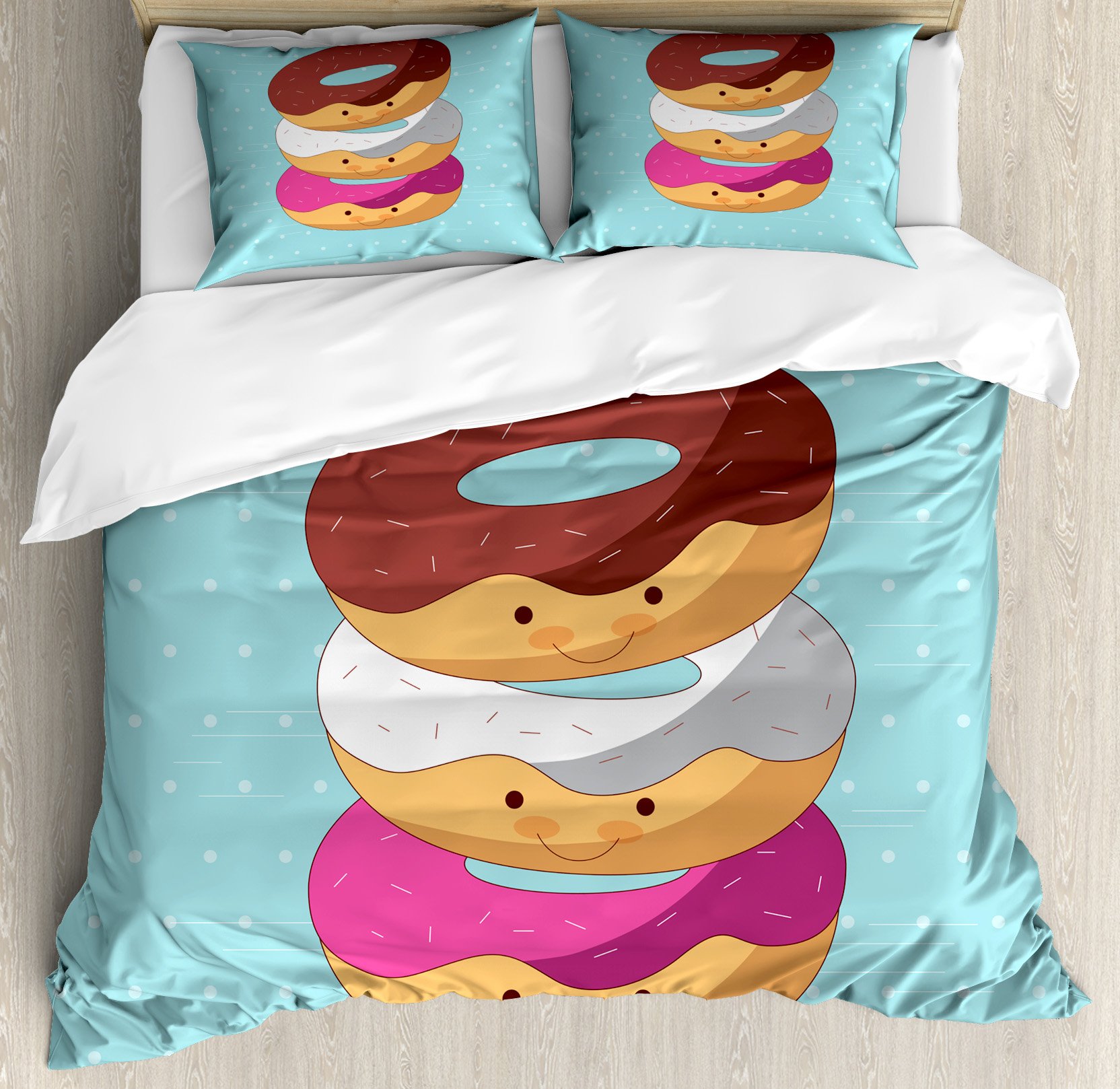 Ambesonne Anime Duvet Cover Set - Kawaii Cartoon Style Colorful Donuts with Funny Faces on Blue Background, 3 Piece King Size Bedding Set with 2 Pillow Shams | Perfect for Anime Lovers' Bedroom Decor, Kawaii Themed Rooms & Gift for Otaku Fans