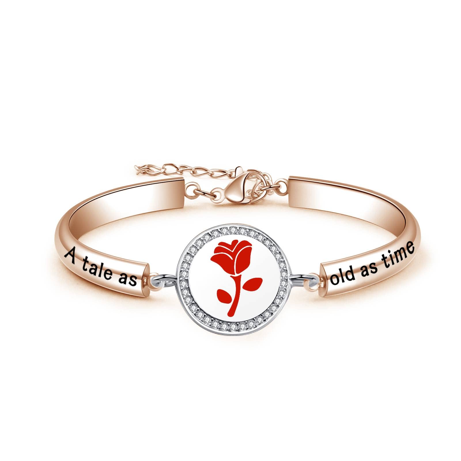 Beauty and the Beast Inspired Belle Rose Bangle Bracelet - Floral Rose Flower Jewelry for Women | Perfect for Cosplay, Disney Themed Parties & Romantic Gifts