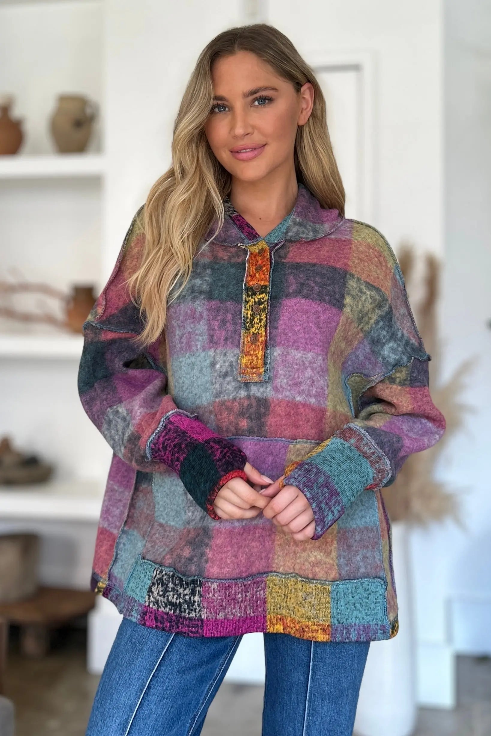 Double Take Full Size Plaid Dropped Shoulder Hoodie - Cozy Oversized Sweatshirt for Men & Women - Perfect for Casual Wear, Loungewear, and Outdoor Activities