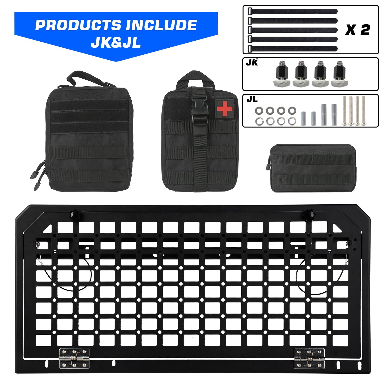 Foldable Tailgate Table with MOLLE Panel & 3 Storage Bags - Rear Cargo Rack Organizer for 2007-2024 Jeep Wrangler JKU JL JLU 4 Door - Perfect for Camping, Off-Roading & Outdoor Adventures