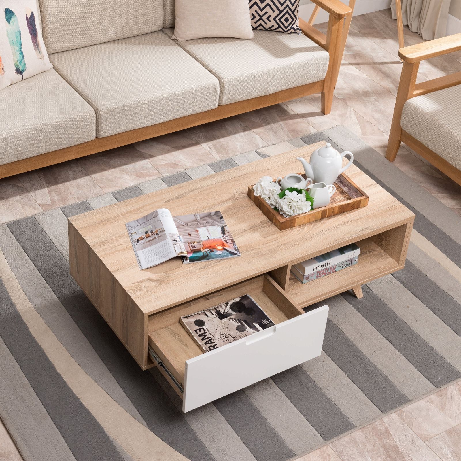 Stylish Tuscany Coffee Table 1200mm - Solid Oak Wood with White Finish by Criterion | Perfect for Living Room, Lounge & Home Decor