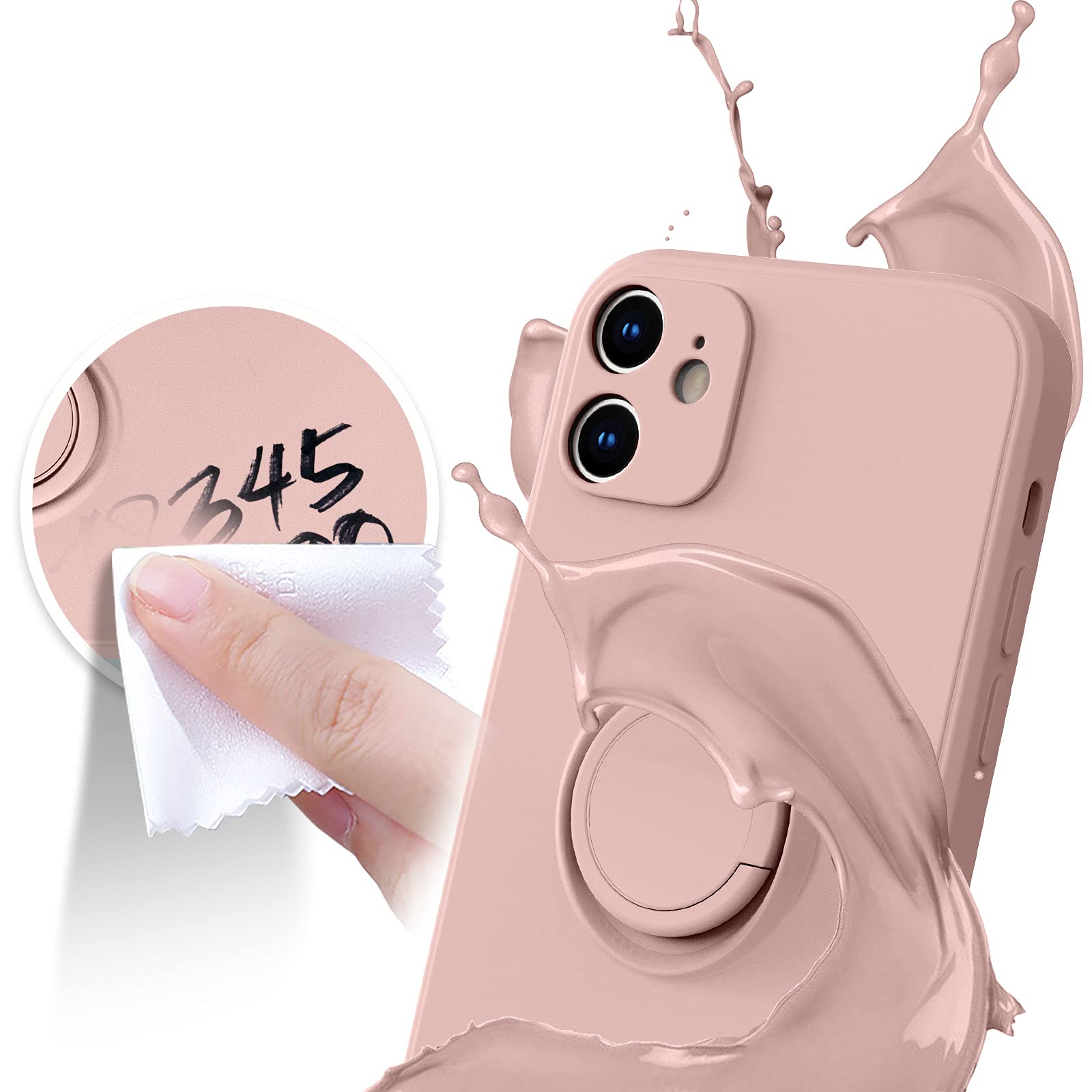ABITKU iPhone 12 Case [6.1 inch 2020] - Premium Silicone Protective Cover with 360° Rotating Ring Kickstand & Magnetic Car Mount, Soft Microfiber Lining (Pink) | Perfect for Work, Travel & Everyday Use