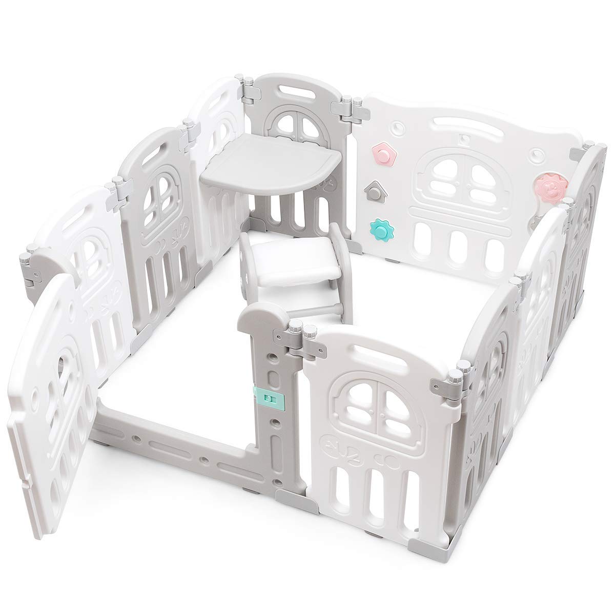 Costzon 10-Panel Foldable Baby Playpen - Indoor/Outdoor Portable Play Yard with Table Panels, Seat Stool, Lockable Gate & Educational Toys - Adjustable Shape Safety Fence for Toddlers & Kids - Perfect for Playtime, Learning and Childproofing Home Spaces