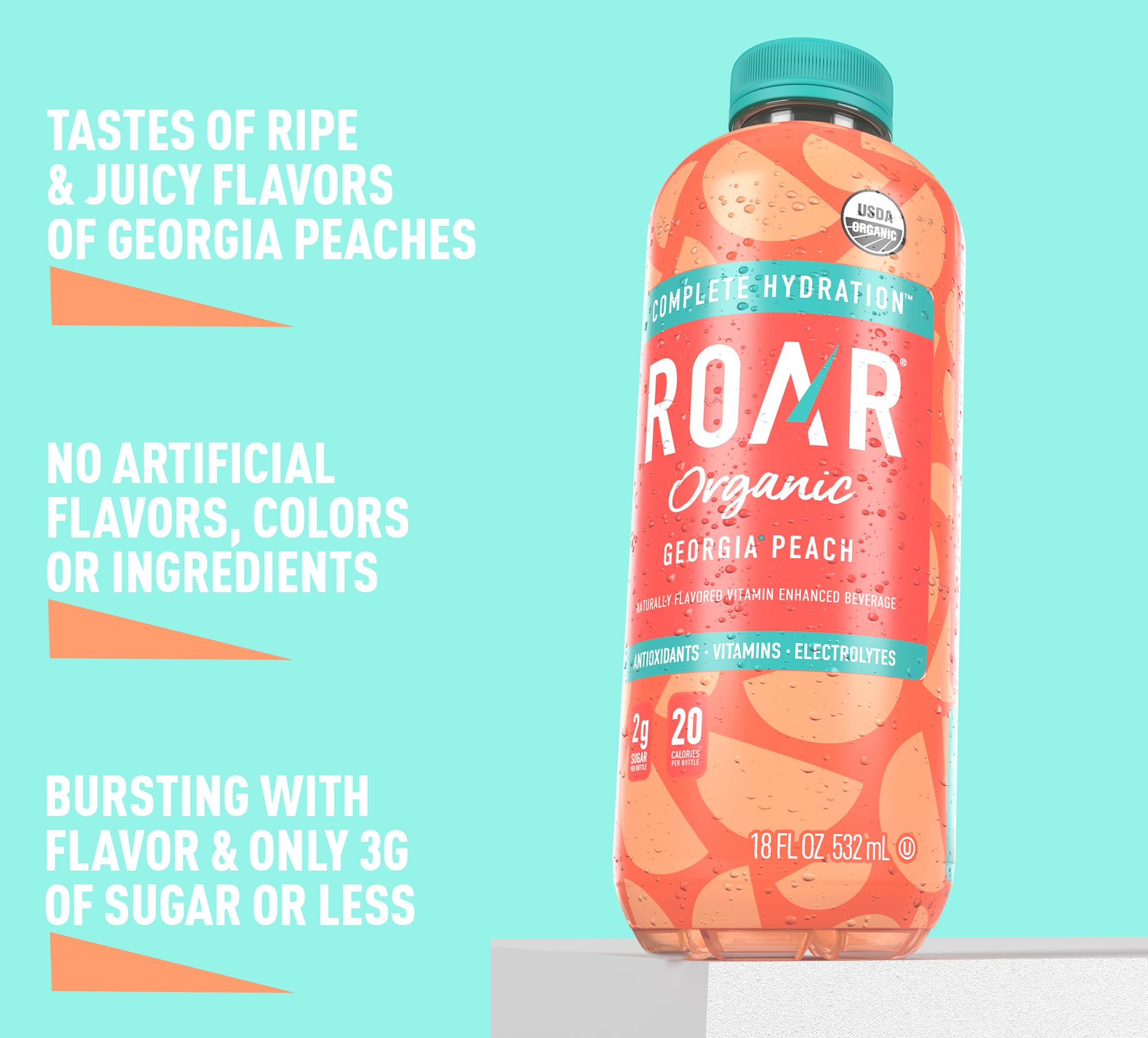 Organic ROAR Complete Hydration Electrolyte Drink with Vitamins C, B5 & B12 - Non-GMO, Gluten-Free, Peach Flavor (12 Pack) - Perfect for Workouts, Sports & Daily Hydration