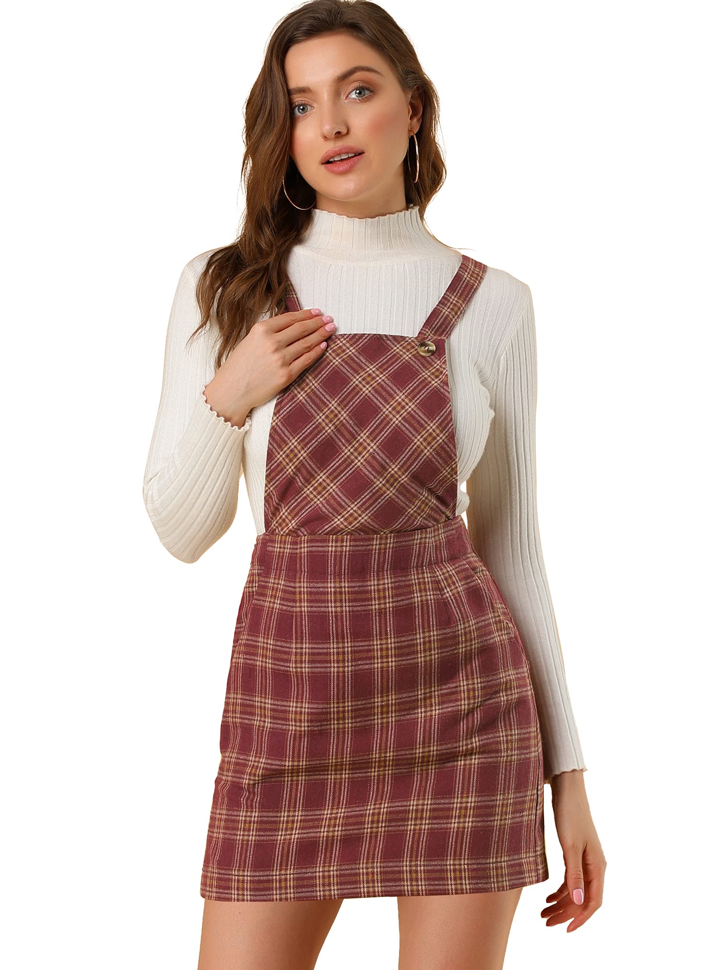 Allegra K Women's Plaid Adjustable Strap Pinafore Mini Dress - Stylish Suspender Skirt for Casual Outings, Date Nights & Vintage Fashion Looks