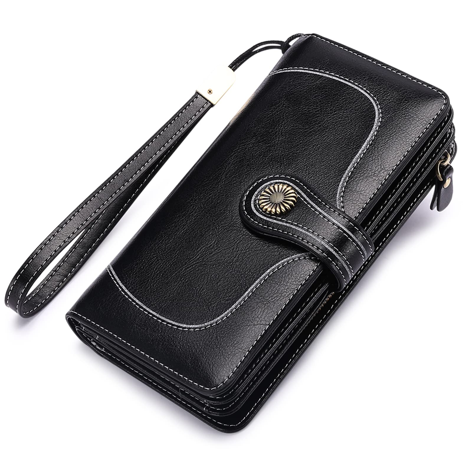 RFID Blocking Leather Wallet for Women - Trifold Clutch Purse with ID Window & Credit Card Slots, Travel Wristlet Phone Holder (Classic Black) | Perfect for Everyday Use, Business Travel & Shopping