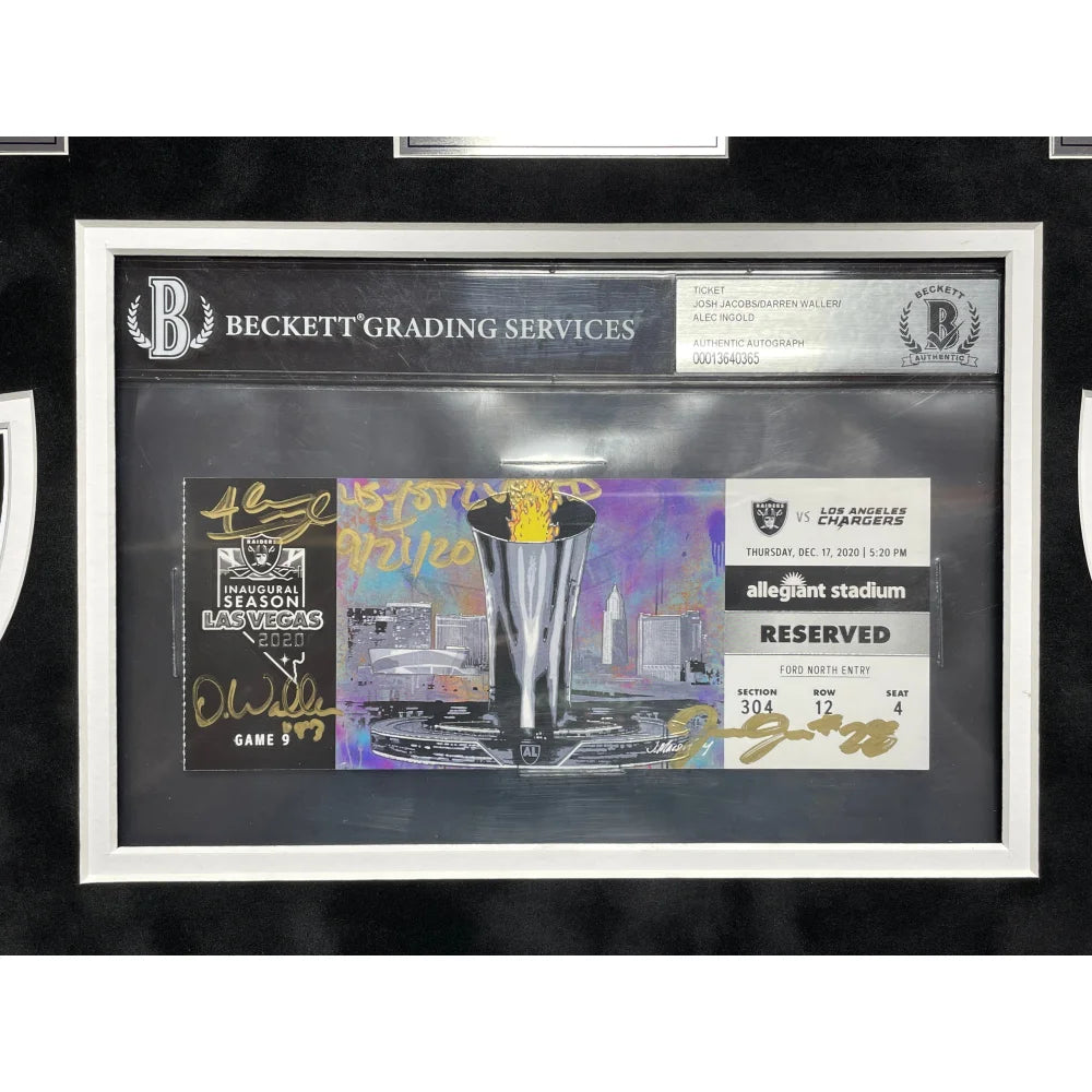 Authentic Las Vegas Raiders 1st Year Ticket Collage - Signed by Darren Waller, Josh Jacobs & Alec Ingold - Framed Memorabilia with BAS COA - Perfect for Raiders Fans, Man Cave Decor & Sports Collectibles Display