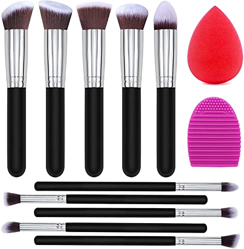Premium Synthetic Makeup Brush Set - 12pcs Foundation, Powder, Blush, Eyeshadow & Kabuki Brushes with Sponge & Cleaner (Black/Silver) - Perfect for Professional Makeup Artists & Home Beauty Routines