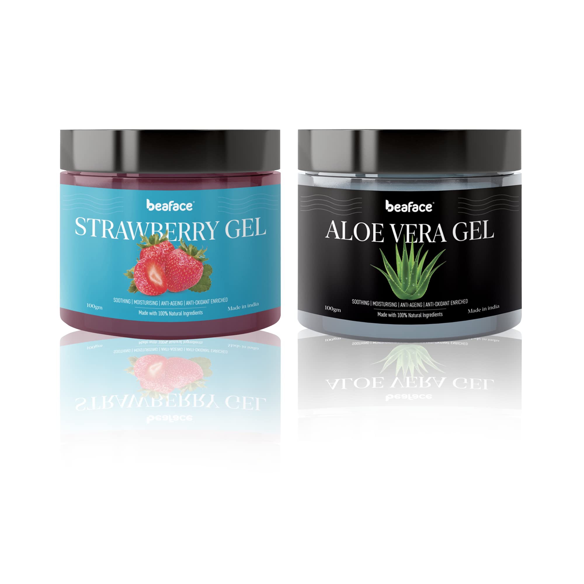 Beaface Combo Pack - Strawberry Face Gel & Aloe Vera Skin Gel (2x100g) for Hydration & Soothing - Perfect for Dry Skin & Sunburn Relief