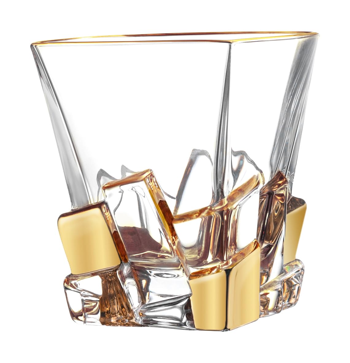 Premium European Crystal Glass Set of 6 - Square Double Old Fashioned Tumblers 11.7oz with Gold Ice Design - Handcrafted in Europe - Perfect for Whiskey, Cocktails & Elegant Home Bar Decor