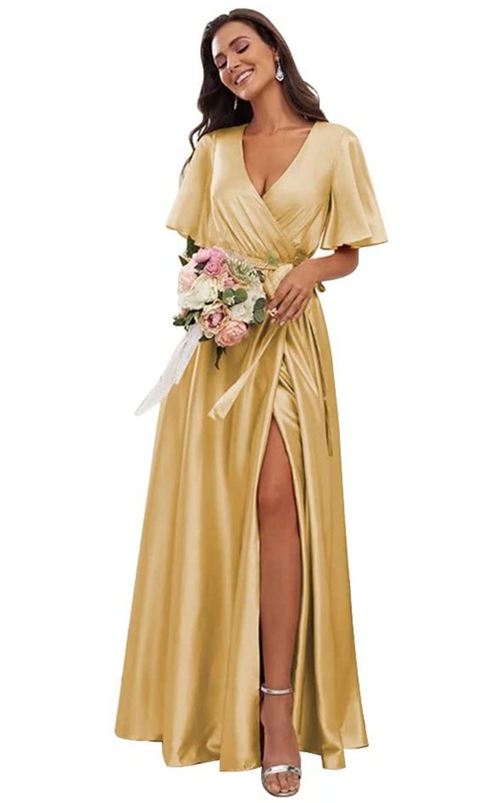 Elegant COEYOUES Women's Short Sleeve Bridesmaid Dress - A-Line V-Neck Satin Wedding Guest Dress with Thigh Slit | Perfect for Bridal Parties, Formal Events & Evening Occasions