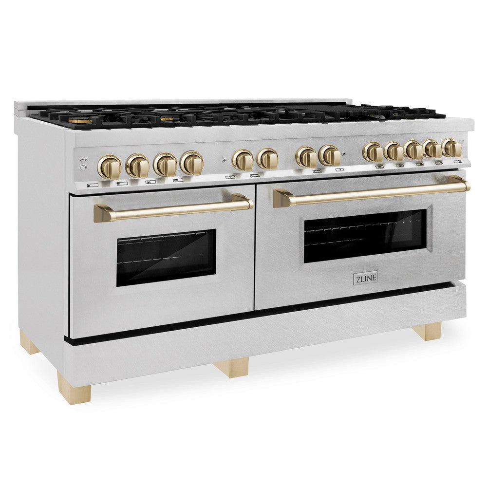 ZLINE Autograph Edition 60-inch 7.4 cu. ft. Dual Fuel Range - 9 Burner Gas Cooktop & 2 Electric Convection Ovens - Satin Stainless Steel with Polished Gold Accents (RASZ SN 60 G) - Perfect for Professional Chefs & Luxury Home Kitchens