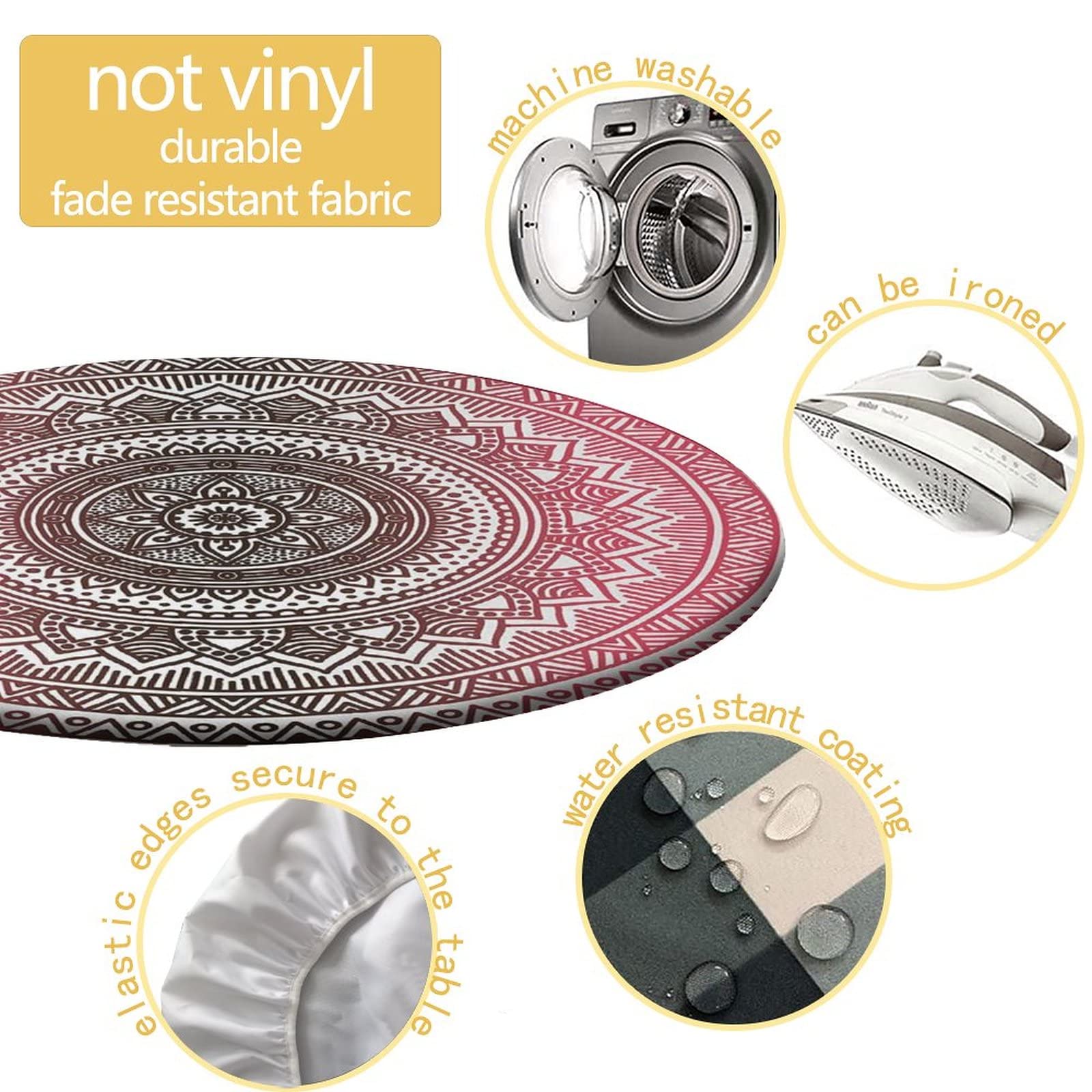SongYi Boho Elastic Edge Waterproof Round Tablecloth - Washable & Wipeable Fabric Table Cover for 48 Inch Table (Light Pink) - Perfect for Indoor & Outdoor Parties, Picnics, Dining, and Home Decor