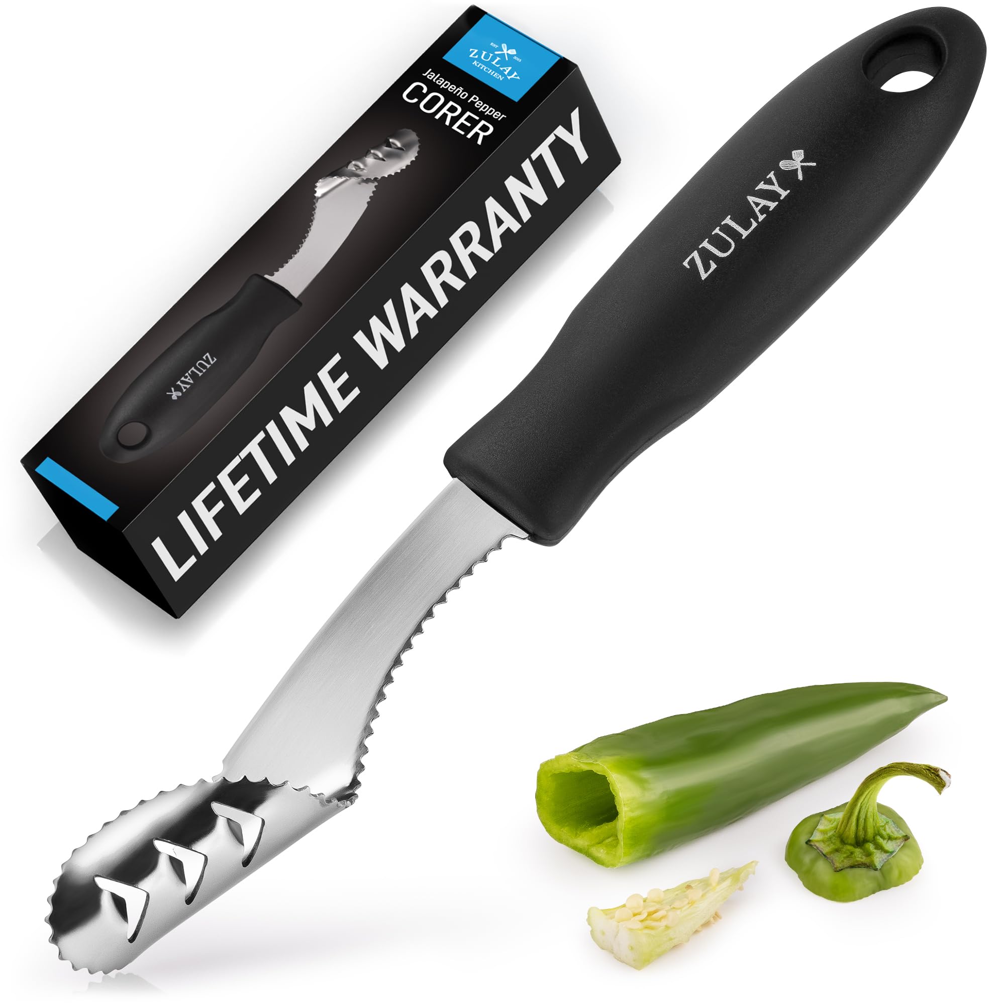 Zulay Kitchen Jalapeno Corer & Seed Remover - 430 Stainless Steel Pepper Deseeding Tool with Serrated Blade - Effortless Chili, Bell Pepper & Jalapeno Core Remover for Cooking, Grilling & Meal Prep - Perfect for Salsa, Stir-fry & BBQ Parties