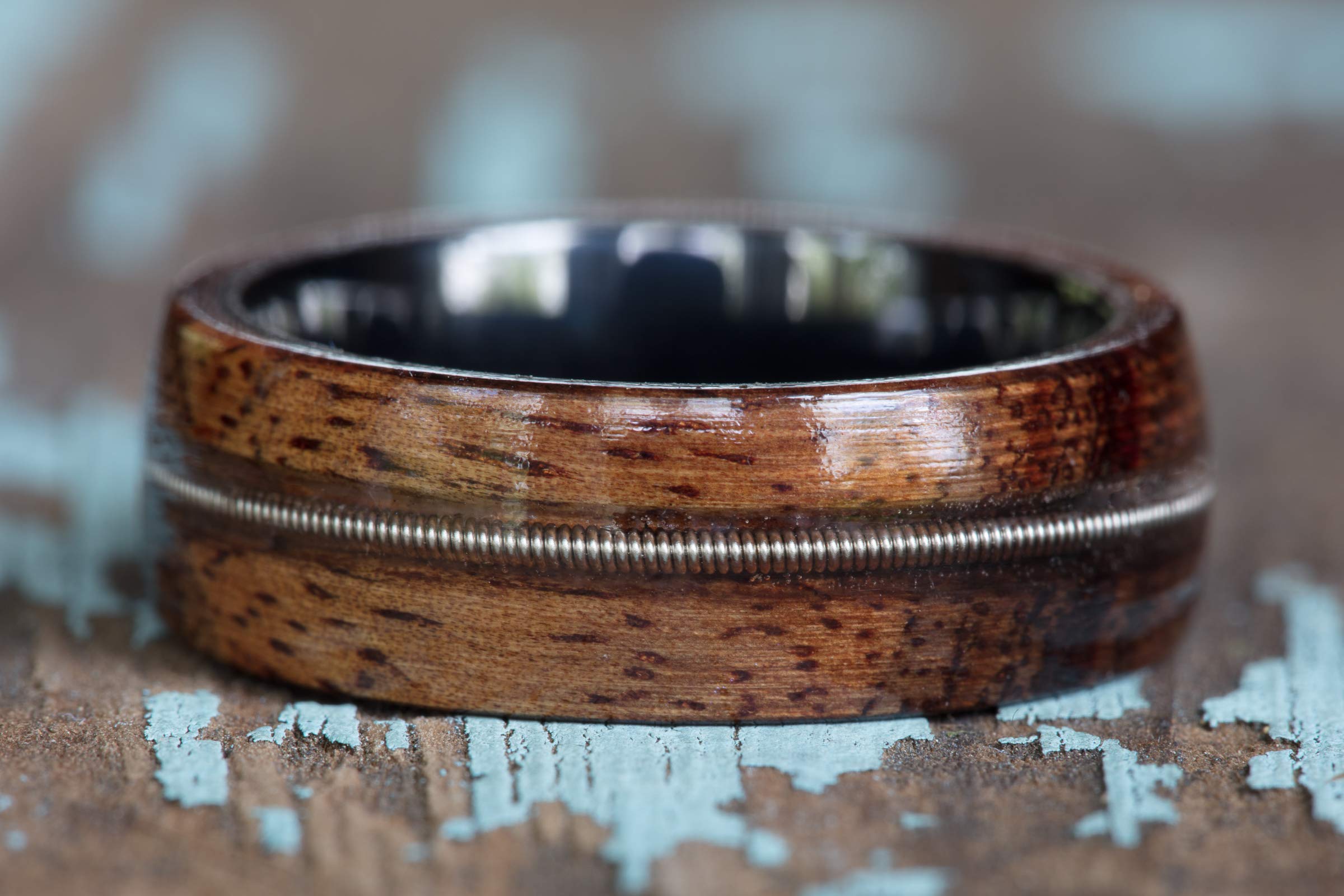 Hawaiian Koa Wood Guitar String Bracelet with Black Ceramic Ring - Handmade Music Lover Jewelry for Men & Women, Perfect Gift for Musicians and Beach Lovers