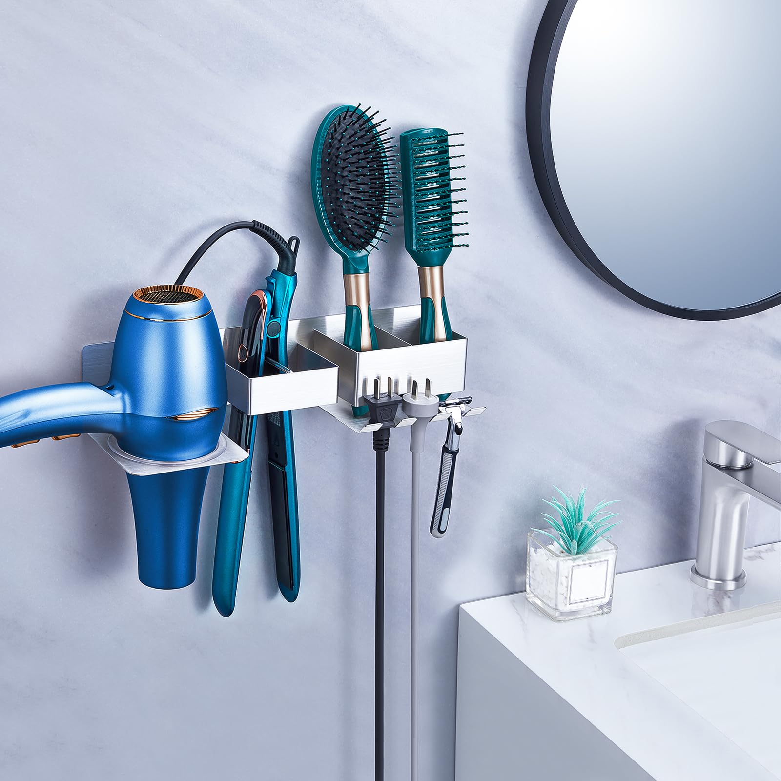 Wall Mounted Hair Straightener & Blow Dryer Holder - Stainless Steel Hair Tools Organizer with Plug Hook for Bathroom & Salon | Perfect for Hair Styling, Drying & Storage Organization