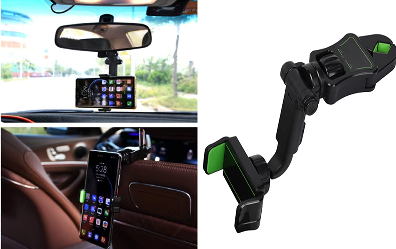 360° Rotatable Car Phone Mount Holder - Universal Adjustable Phone Cradle for iPhone & Android - Rearview Mirror & Dashboard GPS Stand (Grey) - Perfect for Hands-Free Driving & Navigation