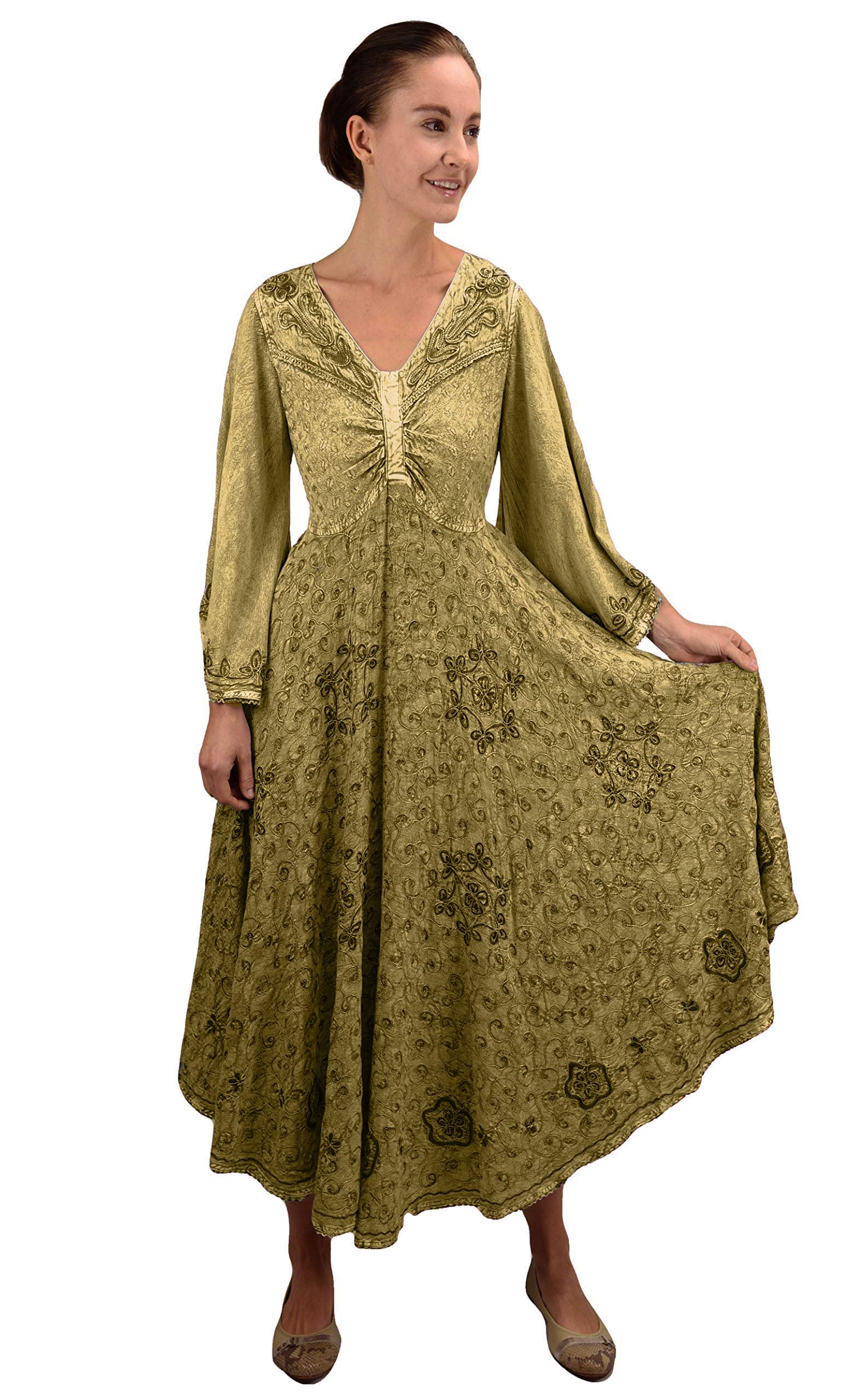 Agan Traders Women's 2025 Spring Bohemian Medieval Renaissance Embroidered Bell Sleeve Flared Calf-Length Dress Gown - Perfect for Renaissance Fairs, Weddings & Boho Fashion Events