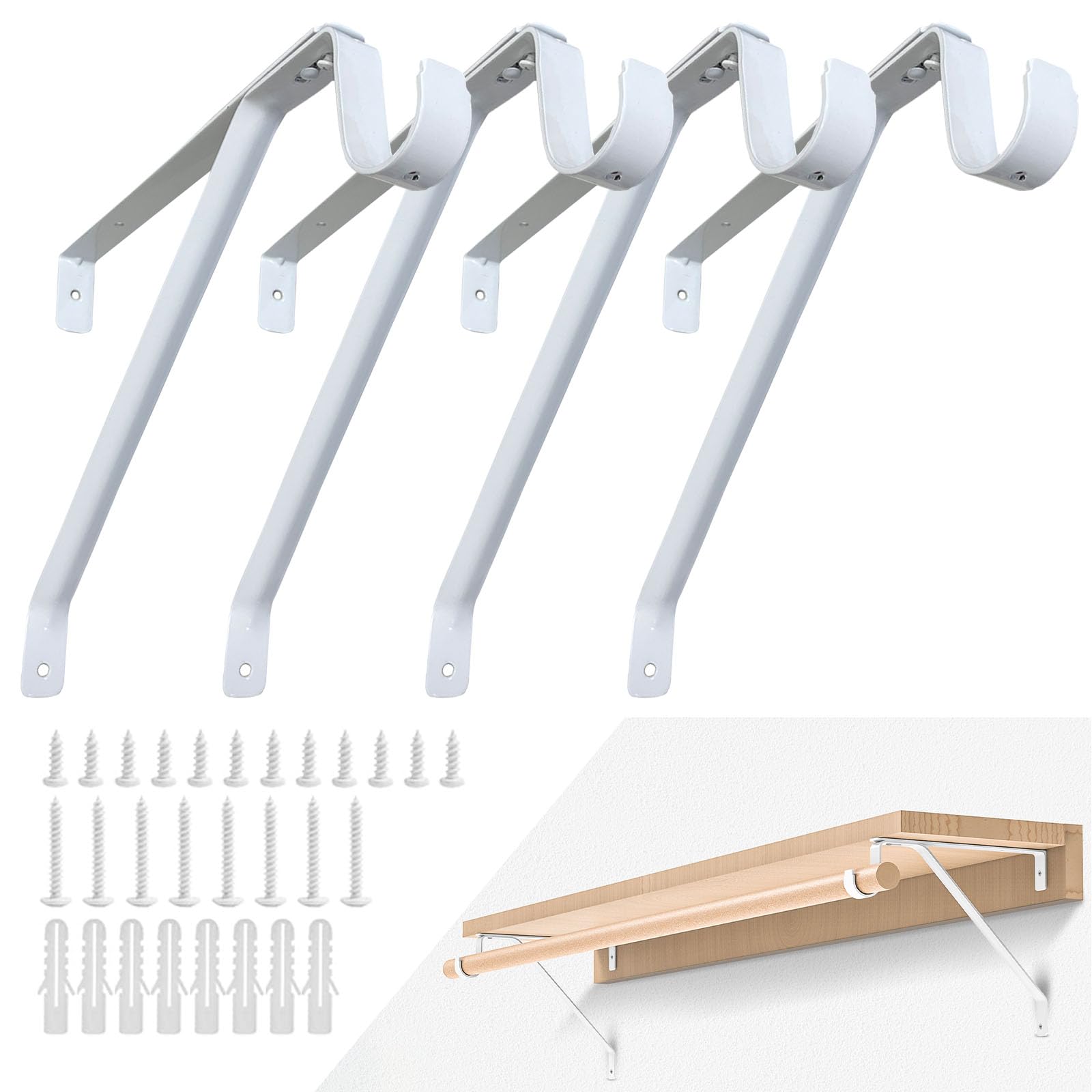 Heavy Duty Adjustable Closet Rod Bracket Set of 4 - White Wall Mounted Shelf & Rod Holders for 3/4