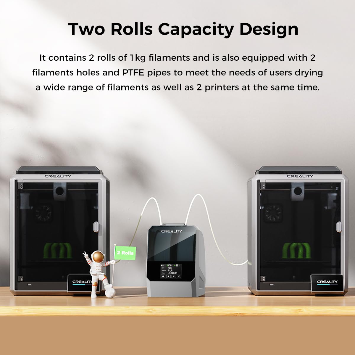 Creality Official Space PI Filament Dryer Plus - 2 Spool 3D Printer Filament Storage Box with Built-in Fan, Filament Holder & Dehydrator - One-Key Setting for PLA, ABS, PETG Filament - Perfect for 3D Printing Workshops & Home Use