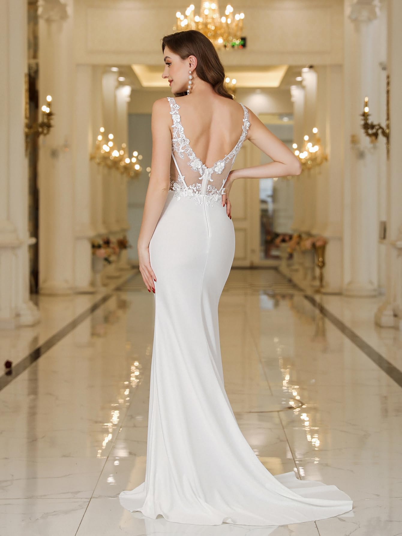 Elegant Lace Double V-Neck Sleeveless Wedding Dress with Train for Women | Perfect for Bridal Ceremony, Evening Gala & Formal Events