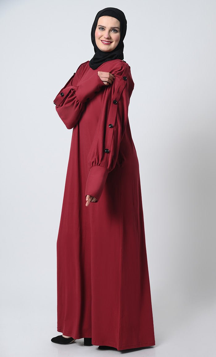 Elegant Batwing Sleeve Abaya Dress with Round Neck & Decorative Buttons - Modest Straight Cut Islamic Clothing for Prayer, Mosque & Special Occasions