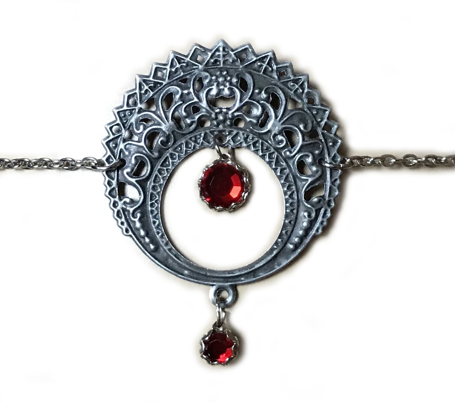 Elegant Filigree Crescent Moon Headpiece with Ruby Red Gemstone – Perfect for Weddings, Cosplay, and Bohemian Fashion Accessories
