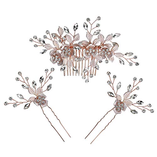 Rose Gold Flower Hair Comb Set - Wedding Bridal Hair Accessories for Brides & Bridesmaids