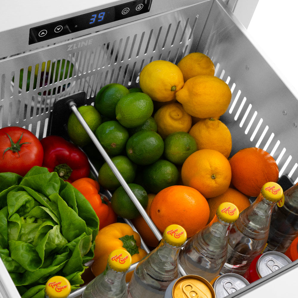 ZLINE Autograph Edition 24 Inch Stainless Steel Outdoor Refrigerator Drawer - Dual Zone 168 Can Capacity with Polished Gold Handles (RDSOZ ST 24 G) - Perfect for Outdoor Kitchens, Patios, and Entertaining Areas