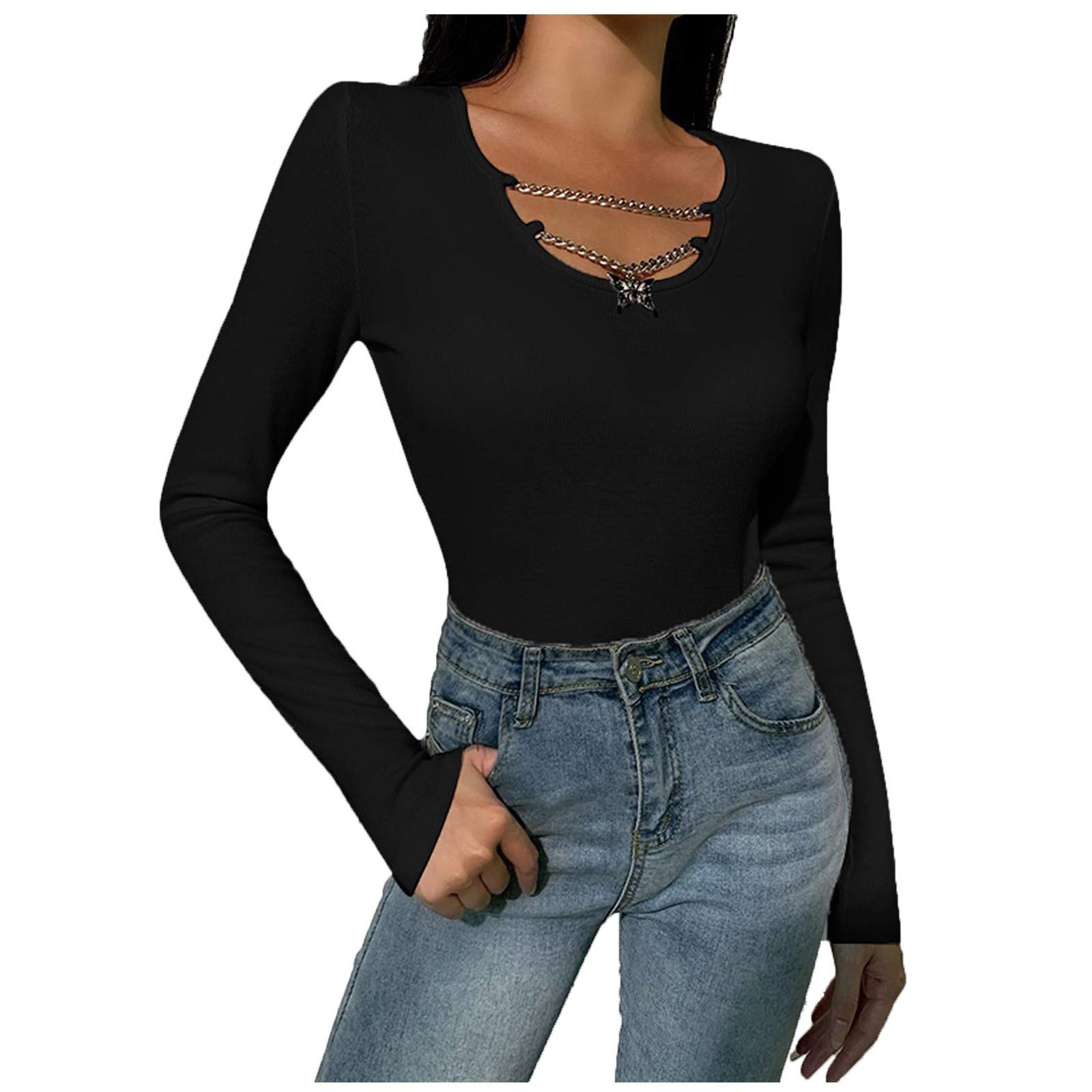 Women's Slim Fit Long Sleeve Waffle Knit Blouse with U-Neck & Chain Detail - Casual Solid Color T-Shirt for Work, Date Night & Everyday Wear