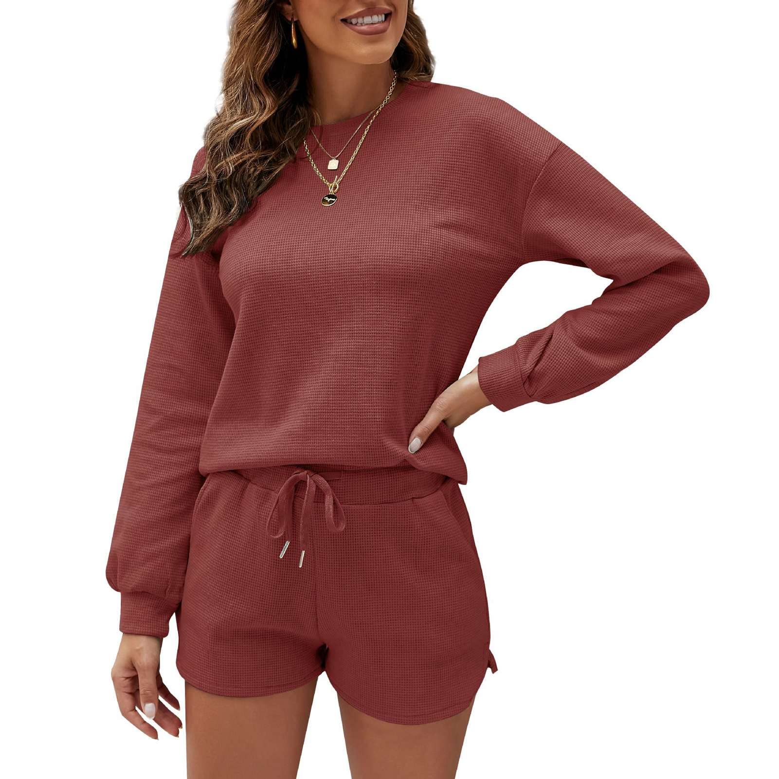 Women's Waffle Knit Lounge Pajama Set - Long Sleeve Top & Shorts Pullover Nightwear for Sleep, Yoga & Home Relaxation (XL, Brownish Red) - Cozy Loungewear for Bedtime, Morning Coffee & Casual Comfort