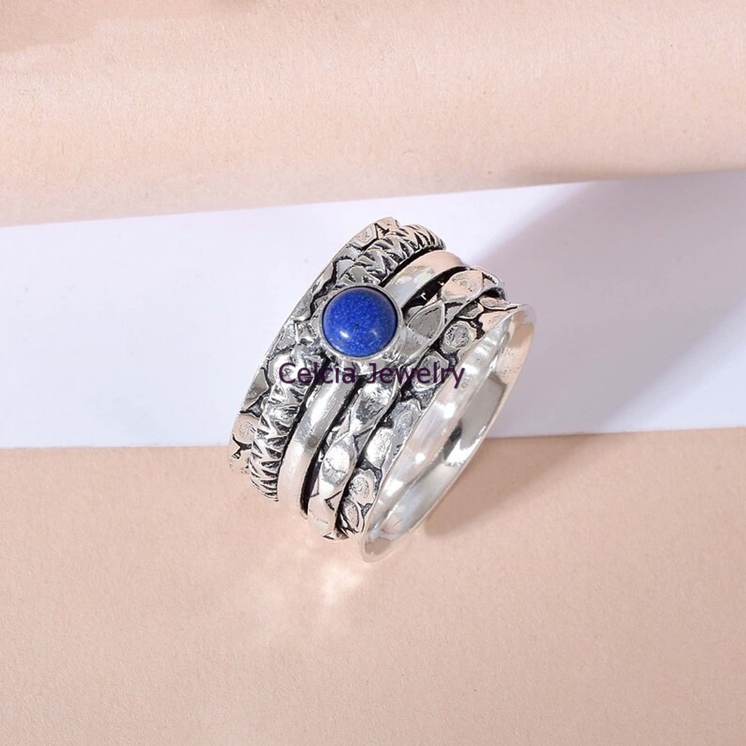 Natural Lapis Lazuli Round Gemstone Spinner Ring - Sterling Silver Anxiety Relief & Meditation Jewelry - Handmade Worry Fidget Ring for Stress Relief - Size 7 US - Perfect for Meditation, Gift Giving & Everyday Wear