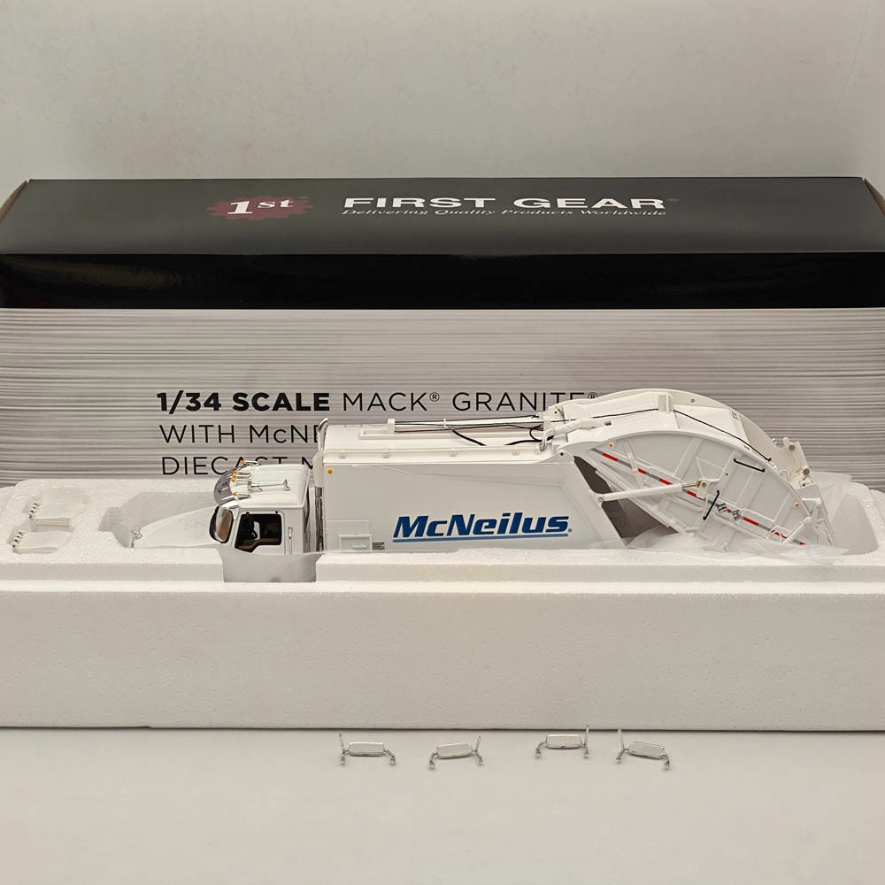1/34 Scale Mack Granite with McNeilus Rear Load Refuse Body & Trash Carts - White Diecast Model Truck (First Gear 10-4295) - Perfect for Collectors, Display, and Construction-Themed Dioramas