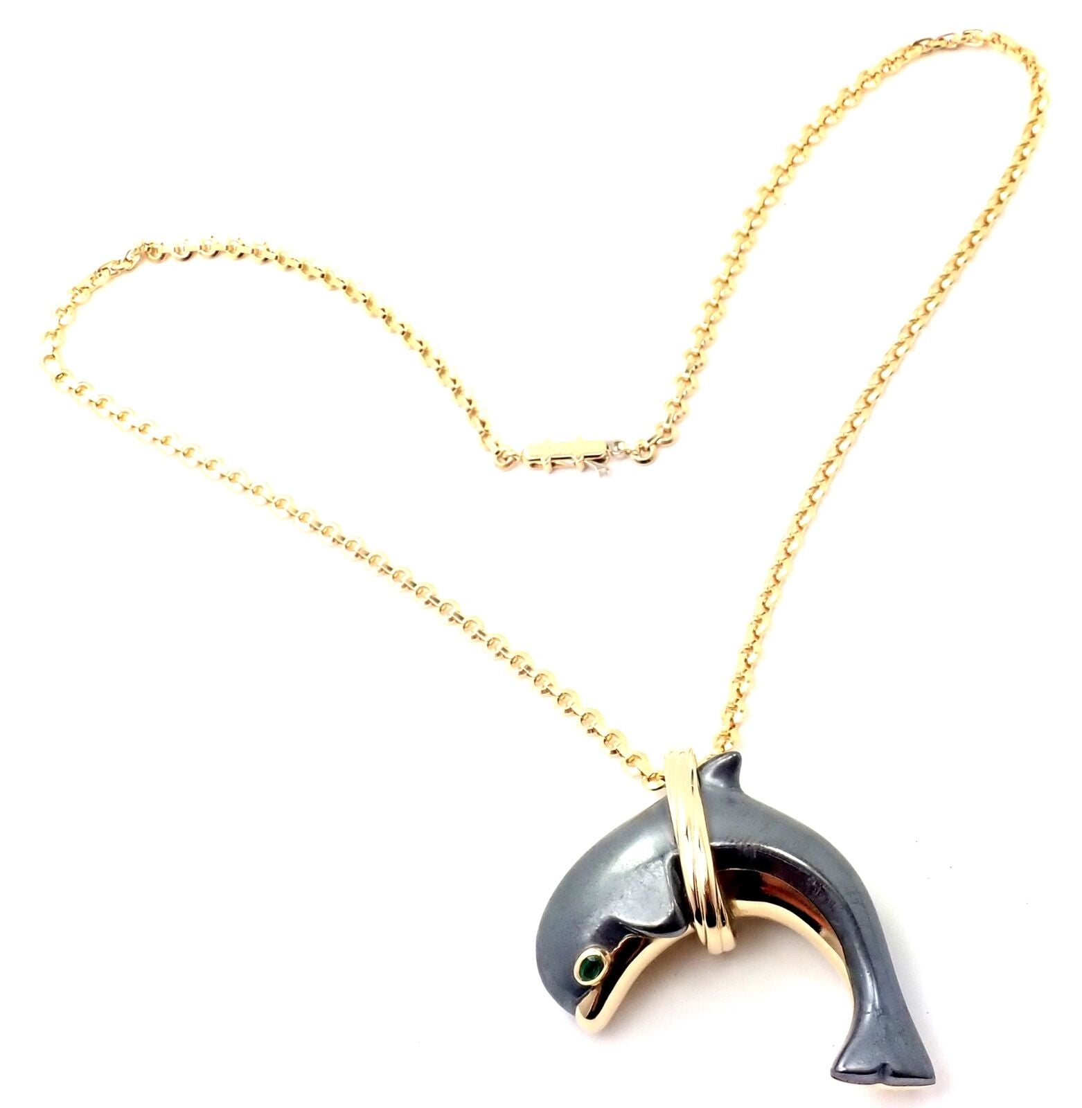 Authentic Cartier 18k Yellow Gold Hematite Dolphin Pendant Necklace - Luxury Jewelry Gift for Women, Perfect for Anniversary, Birthday & Special Occasions