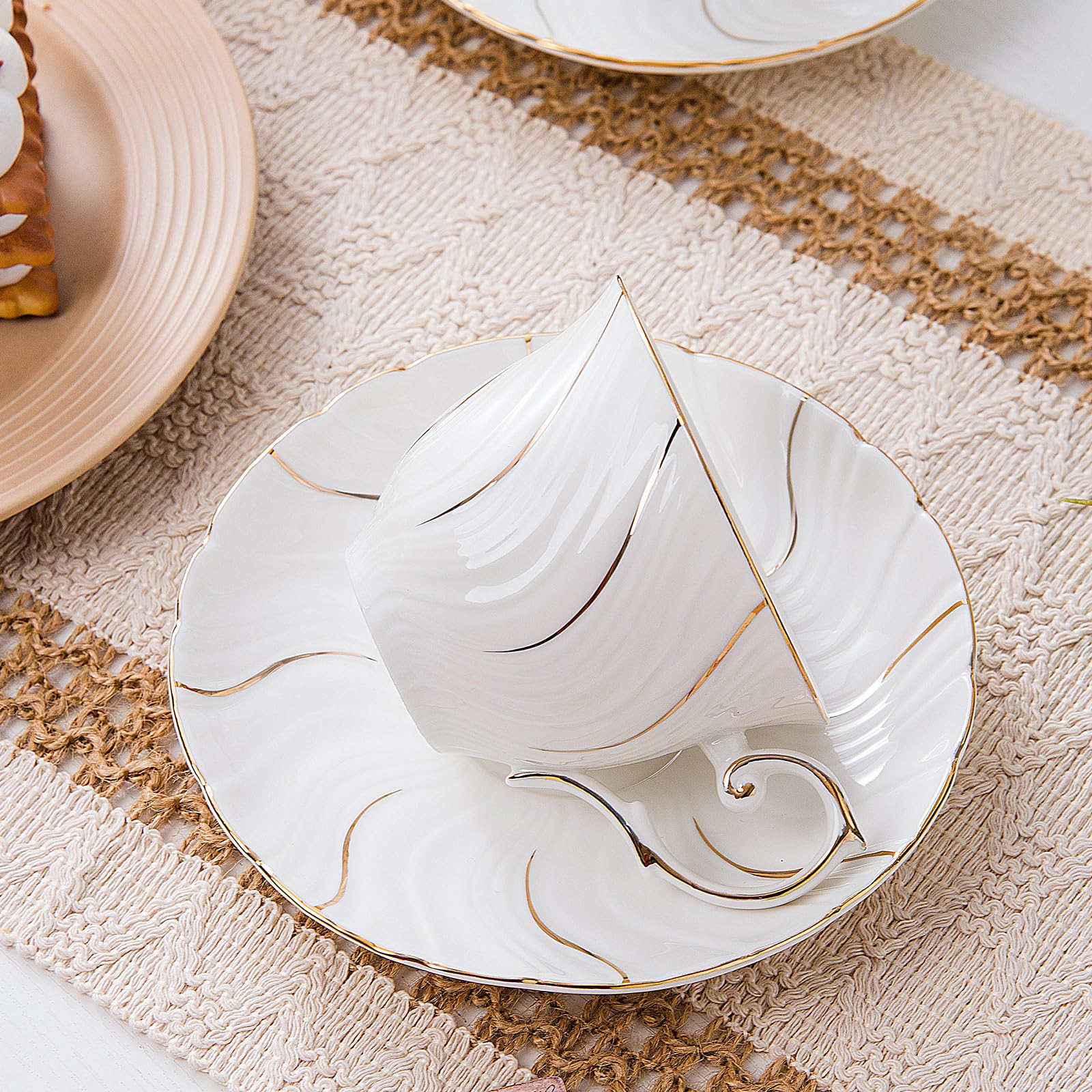 6-Piece Porcelain Tea Cup and Saucer Set - 6oz Elegant White with Gold Trim for Tea, Coffee, Latte, Mocha - Perfect for Afternoon Tea Parties, Bridal Showers, and Cafe Dining